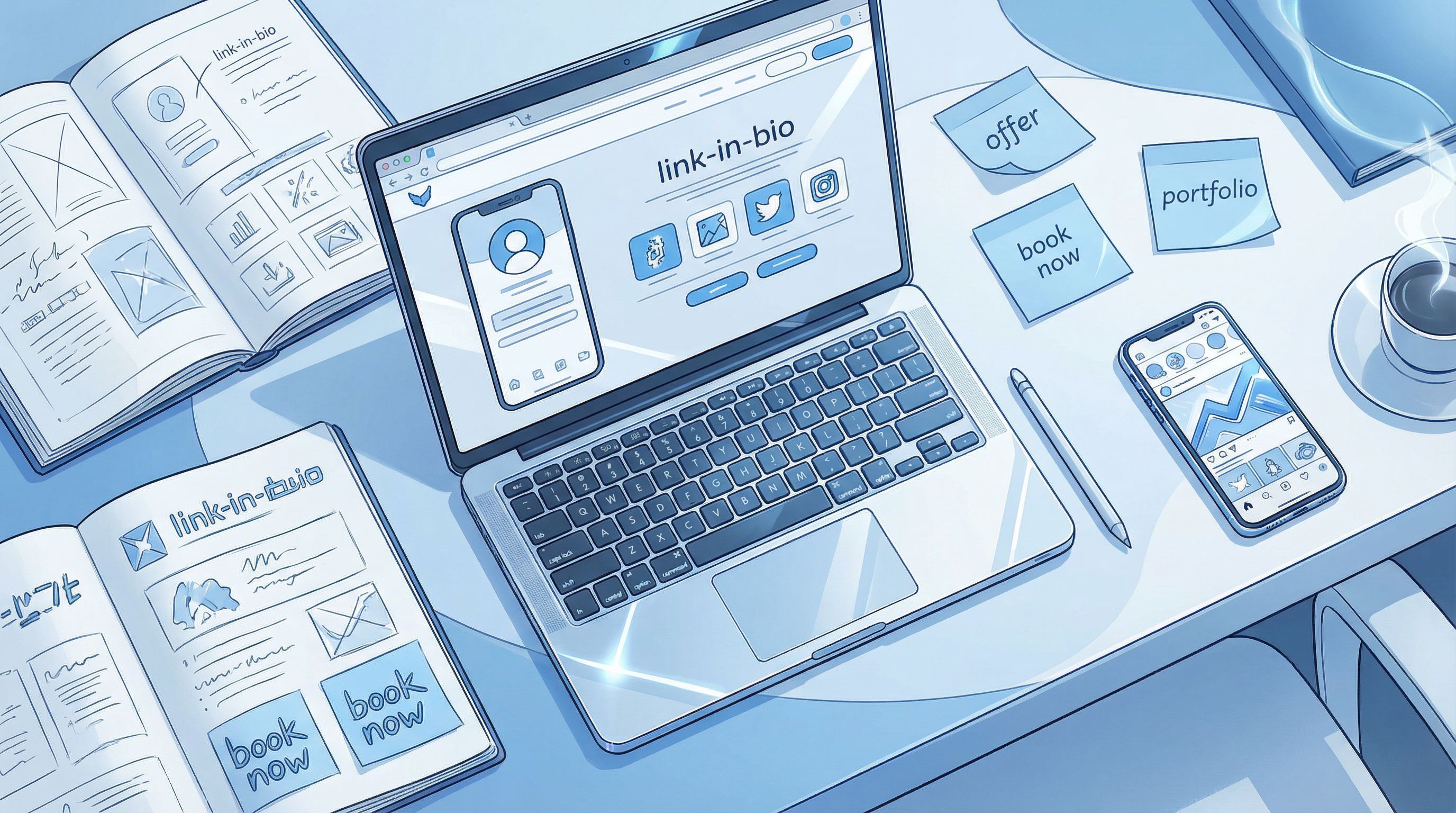 Overhead shot of a creator’s workspace with a laptop displaying a sleek link-in-bio portfolio page,