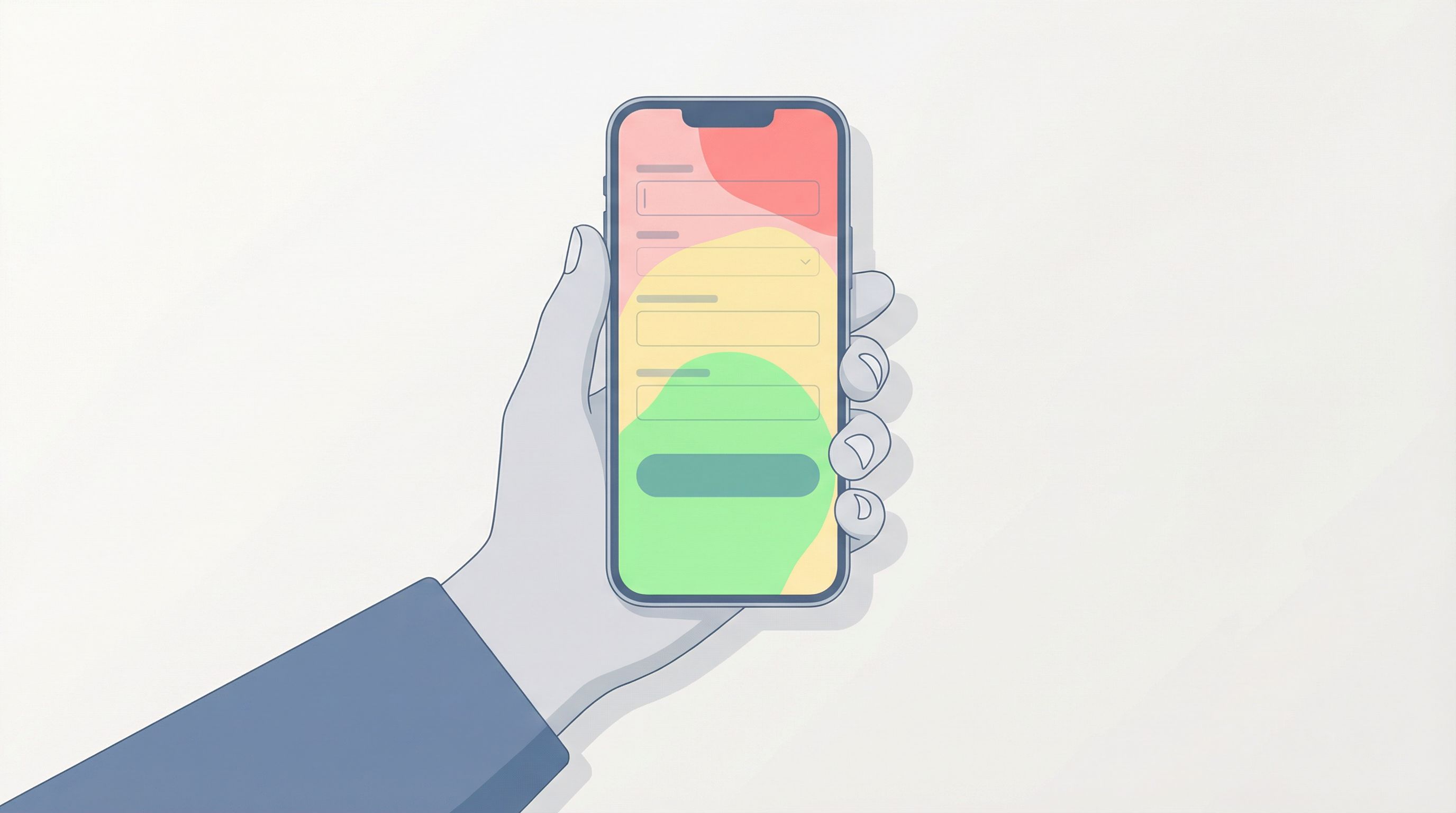 Top-down view of a person holding a large smartphone in one hand, with a heatmap overlay showing gre