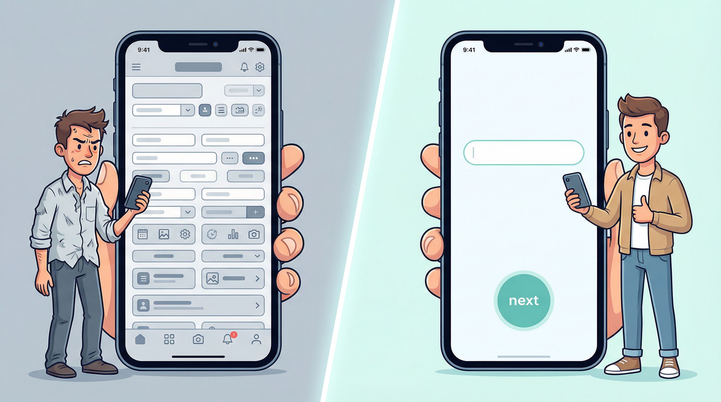 Split-screen illustration comparing two smartphone UIs; on the left, a cluttered mobile form with ma