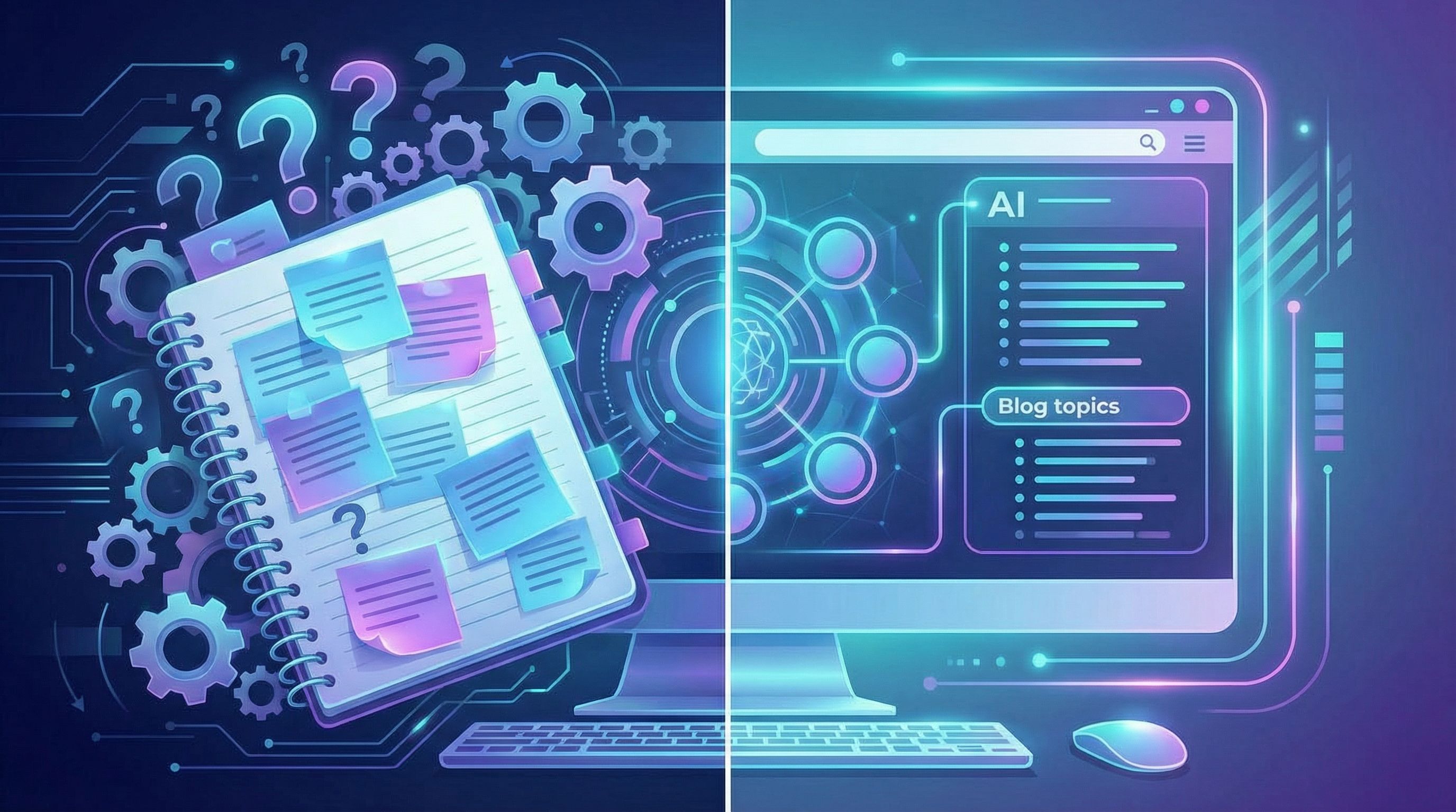 a split-screen illustration showing on one side a cluttered notebook and sticky notes with client qu