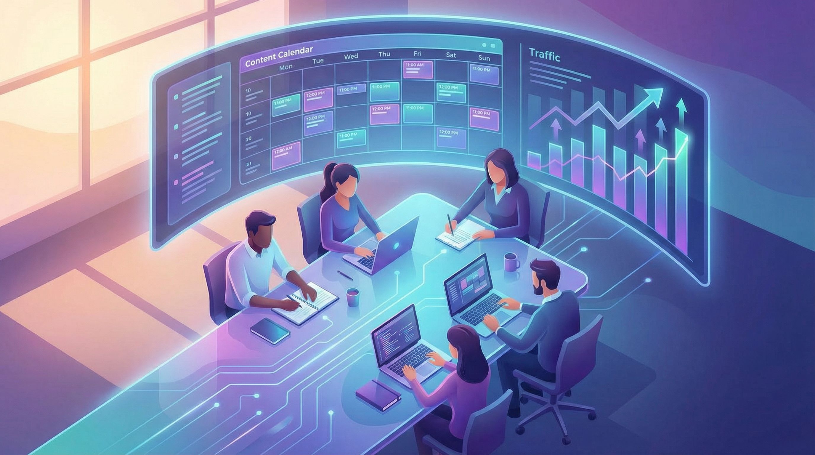 an overhead view of a small service business team gathered around a table with laptops and notebooks