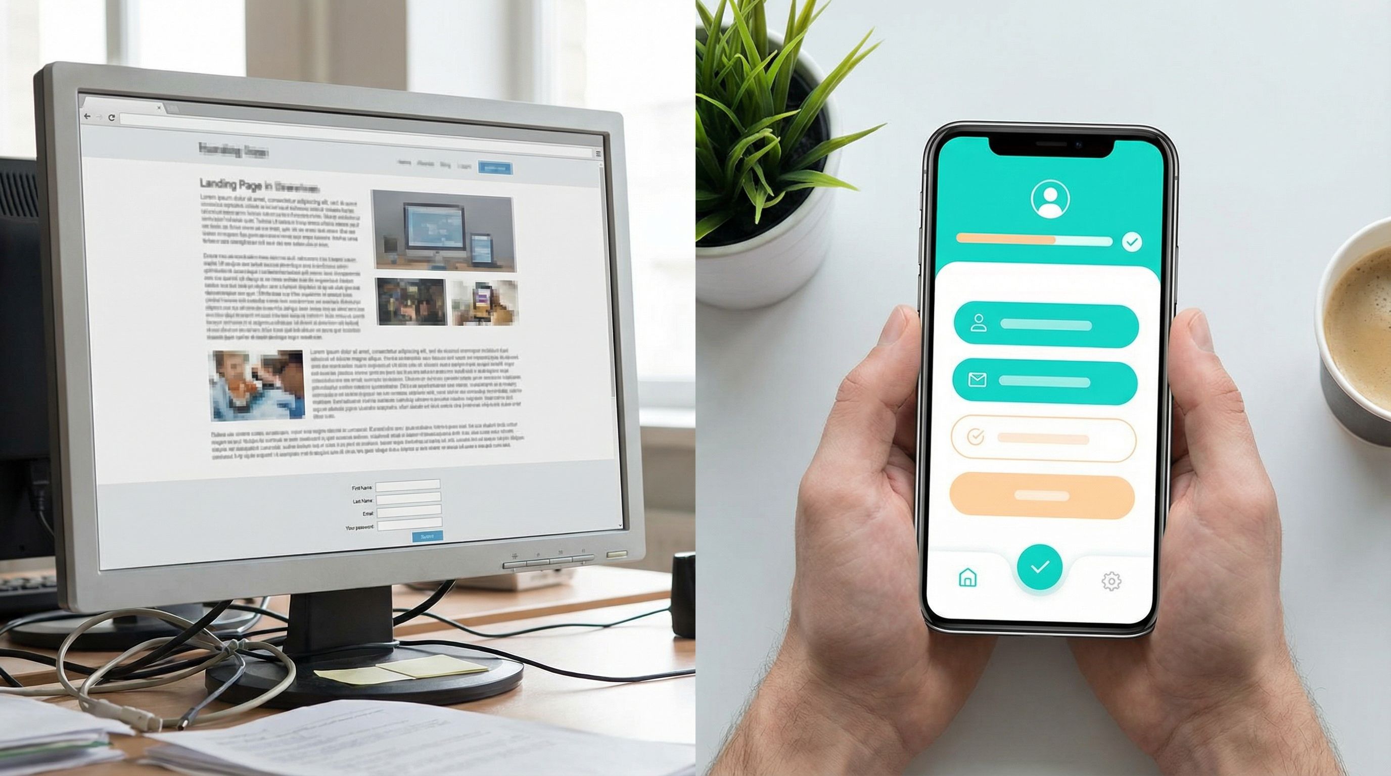 a split-screen composition showing on the left a cluttered traditional landing page with long text a