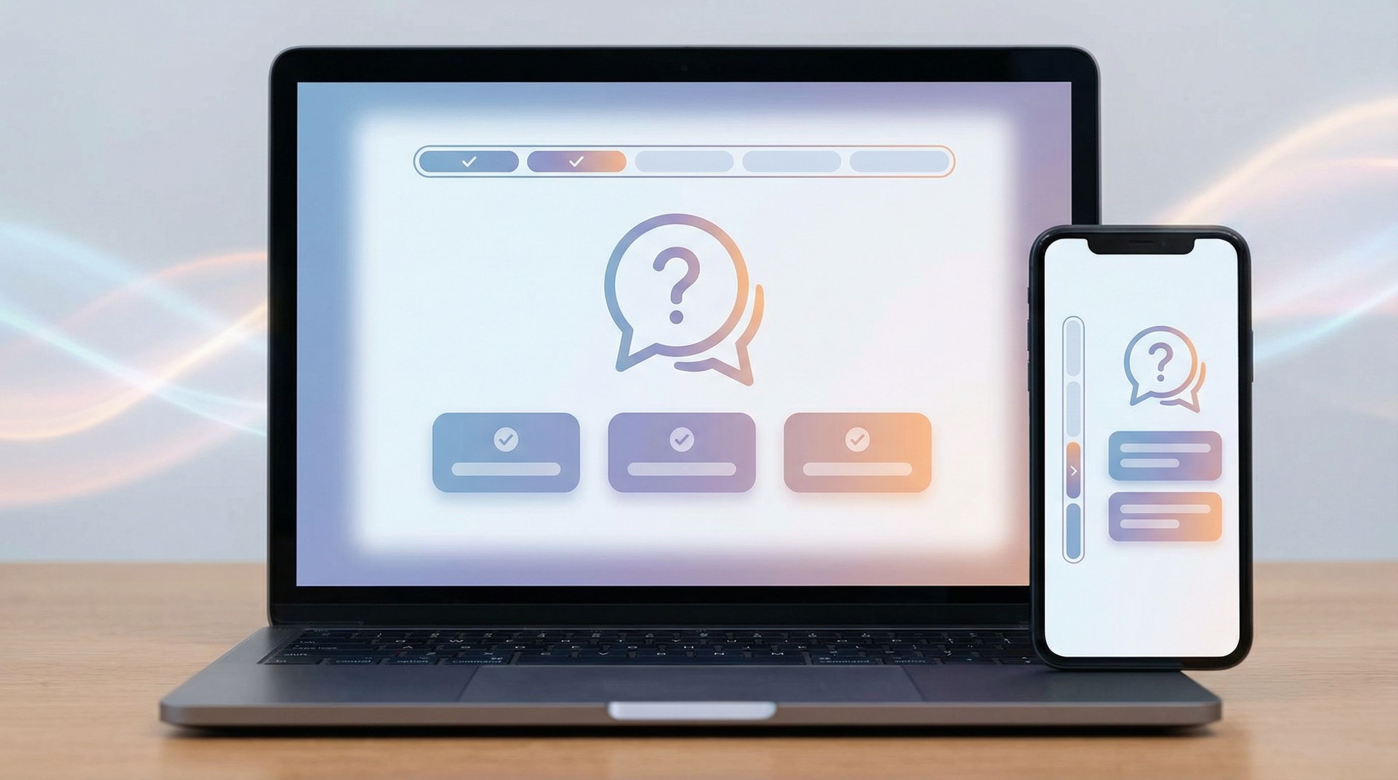 a zoomed-in view of a modern SaaS-style multi-step form interface on a laptop and phone side by side