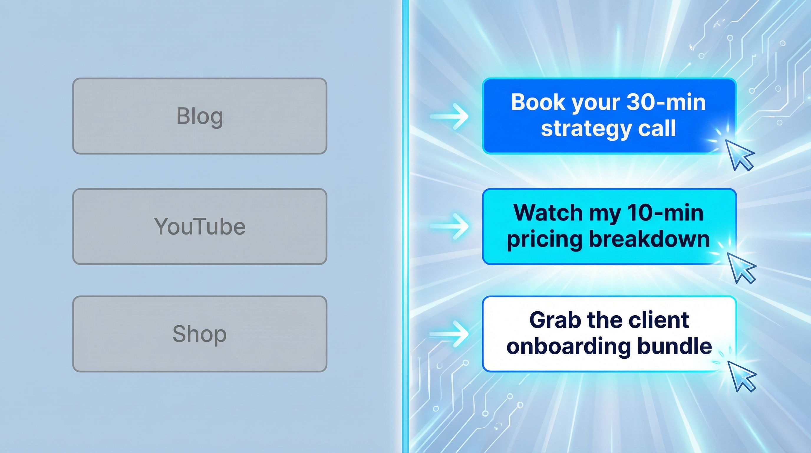 split-screen illustration showing on the left a dull list of generic buttons labeled “Blog,” “YouTub