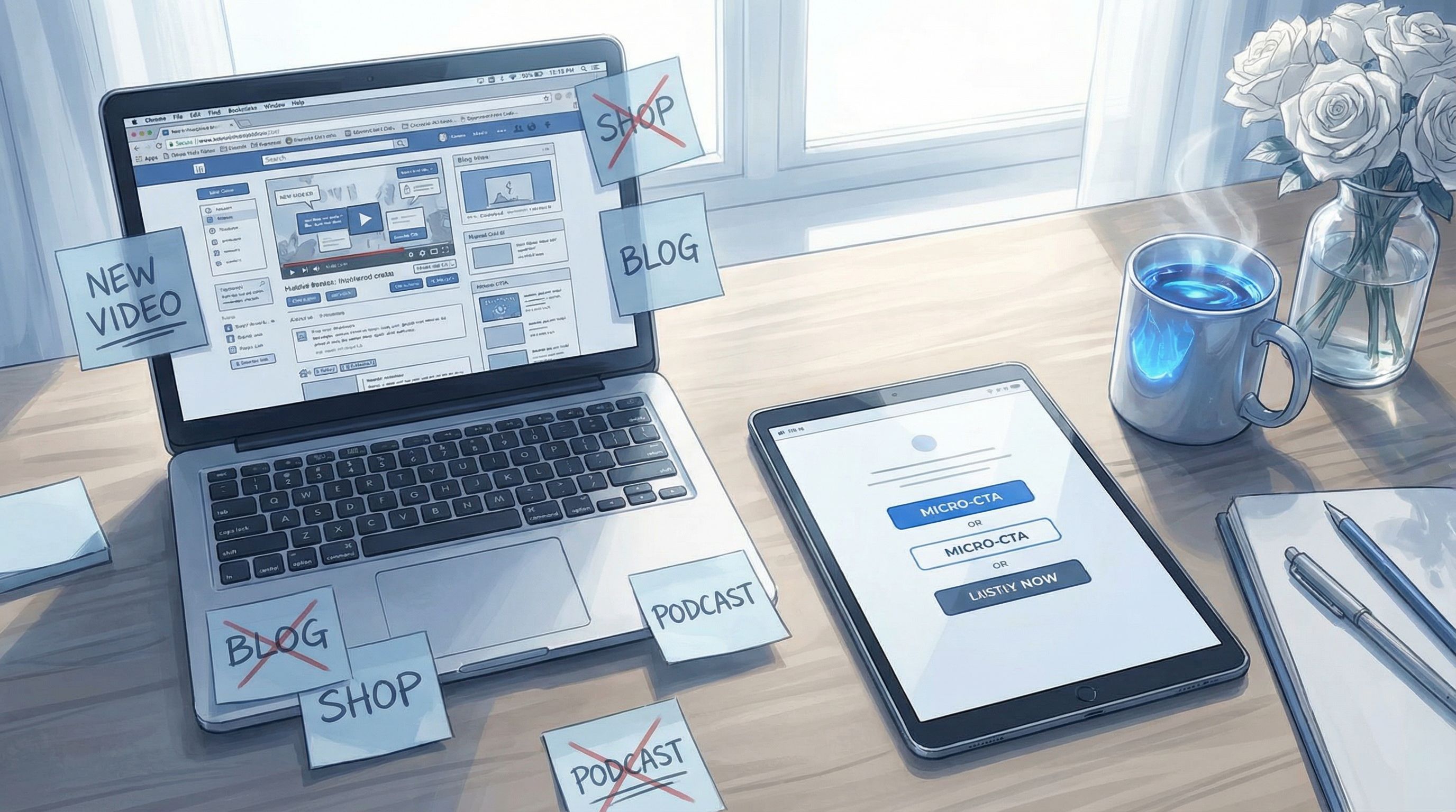 overhead view of a creator’s desk with a laptop showing a cluttered link-in-bio page on screen, surr