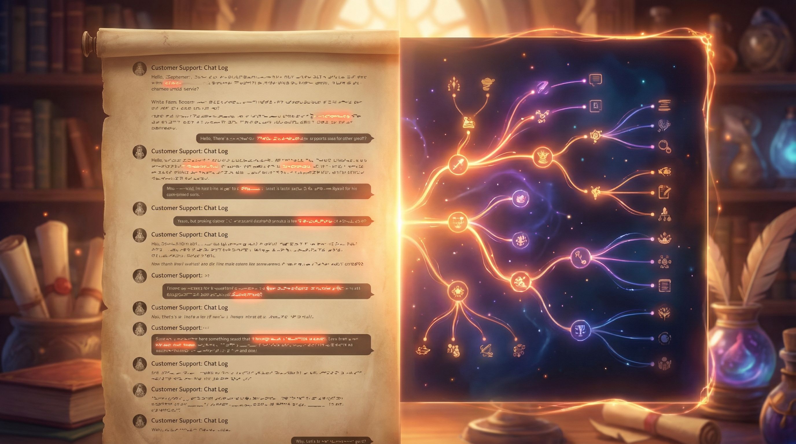 a split-screen composition showing on the left a dense, monochrome customer support chat log with hi