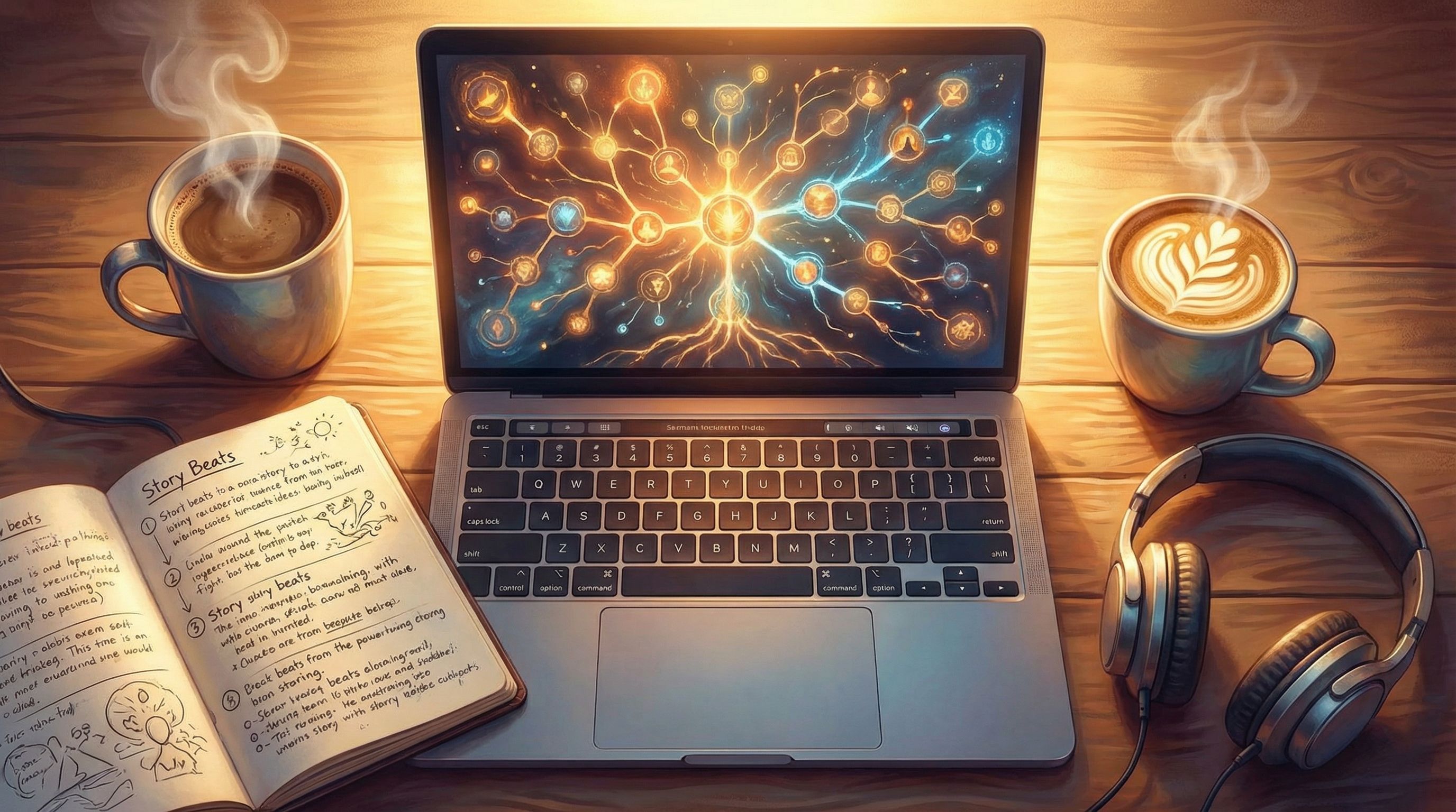 A stylized overhead view of a laptop screen showing a visual branching map, surrounded by coffee, he