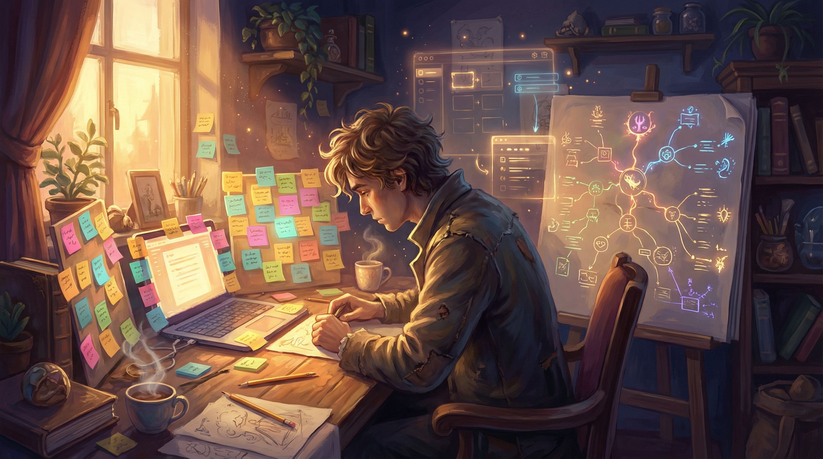 A solo creator at a small desk covered in sticky notes and a laptop, with a branching story map sket