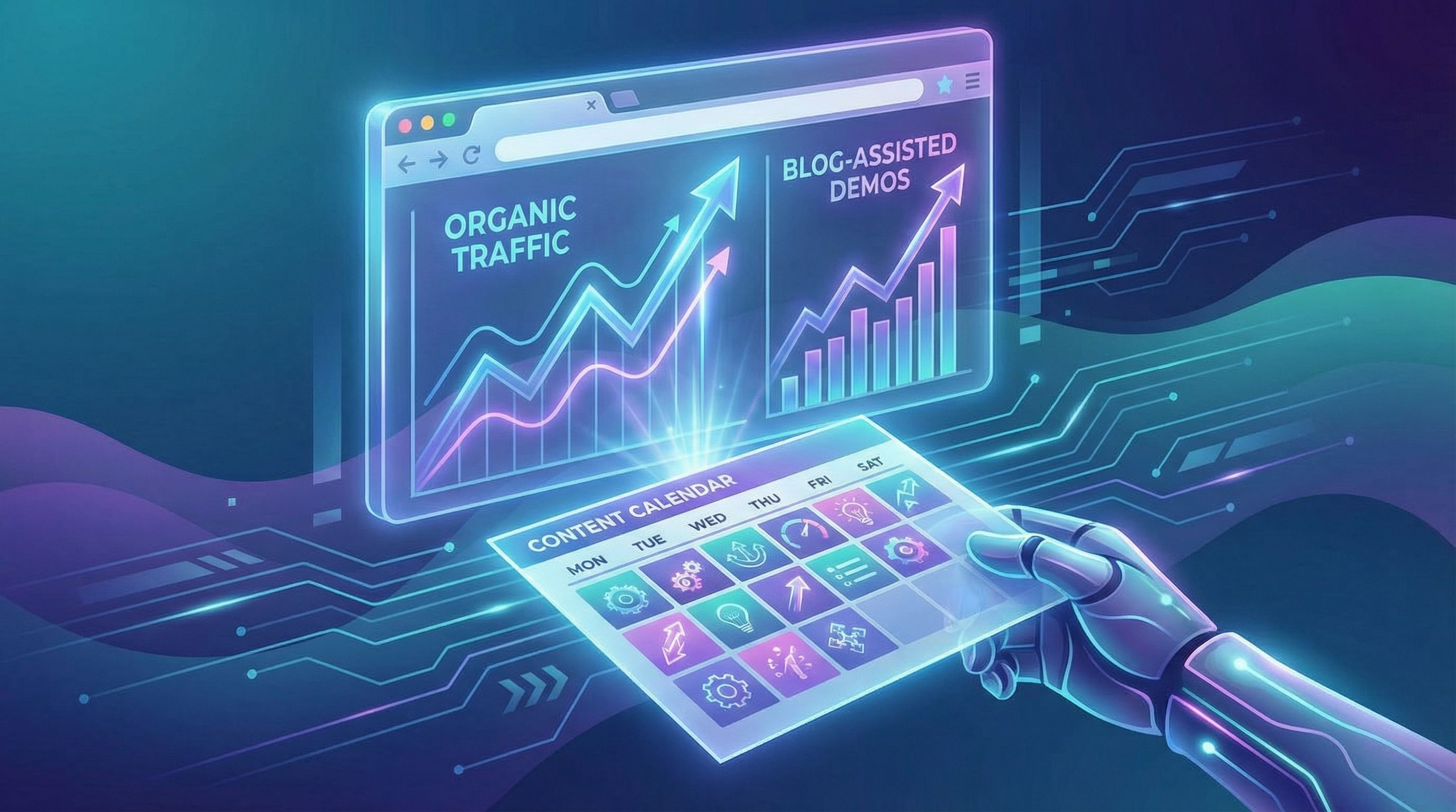 close-up of a browser window showing an analytics dashboard with upward-trending graphs labeled “org