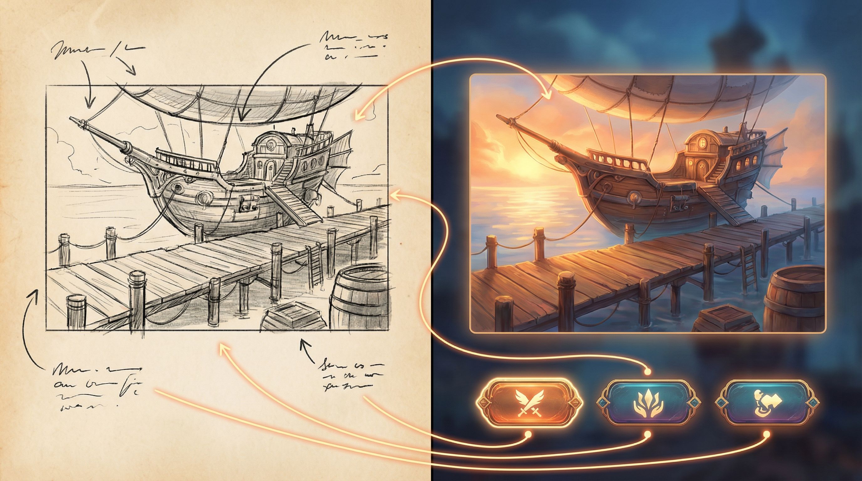 split-screen image showing on the left a hand-drawn-style storyboard panel of an airship dock with a