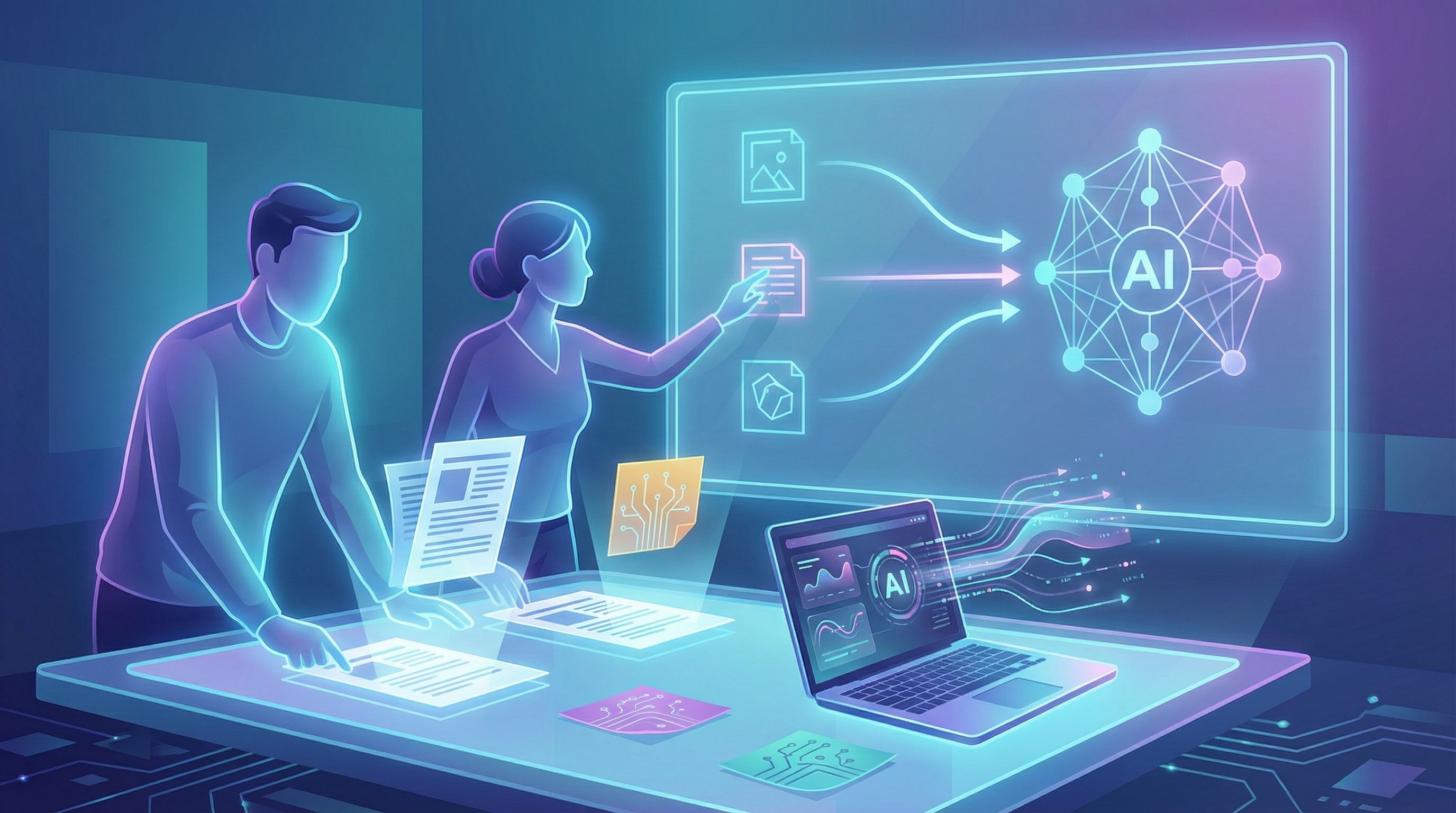 a founder and marketer sitting at a table covered with printed blog posts, sticky notes, and a lapto