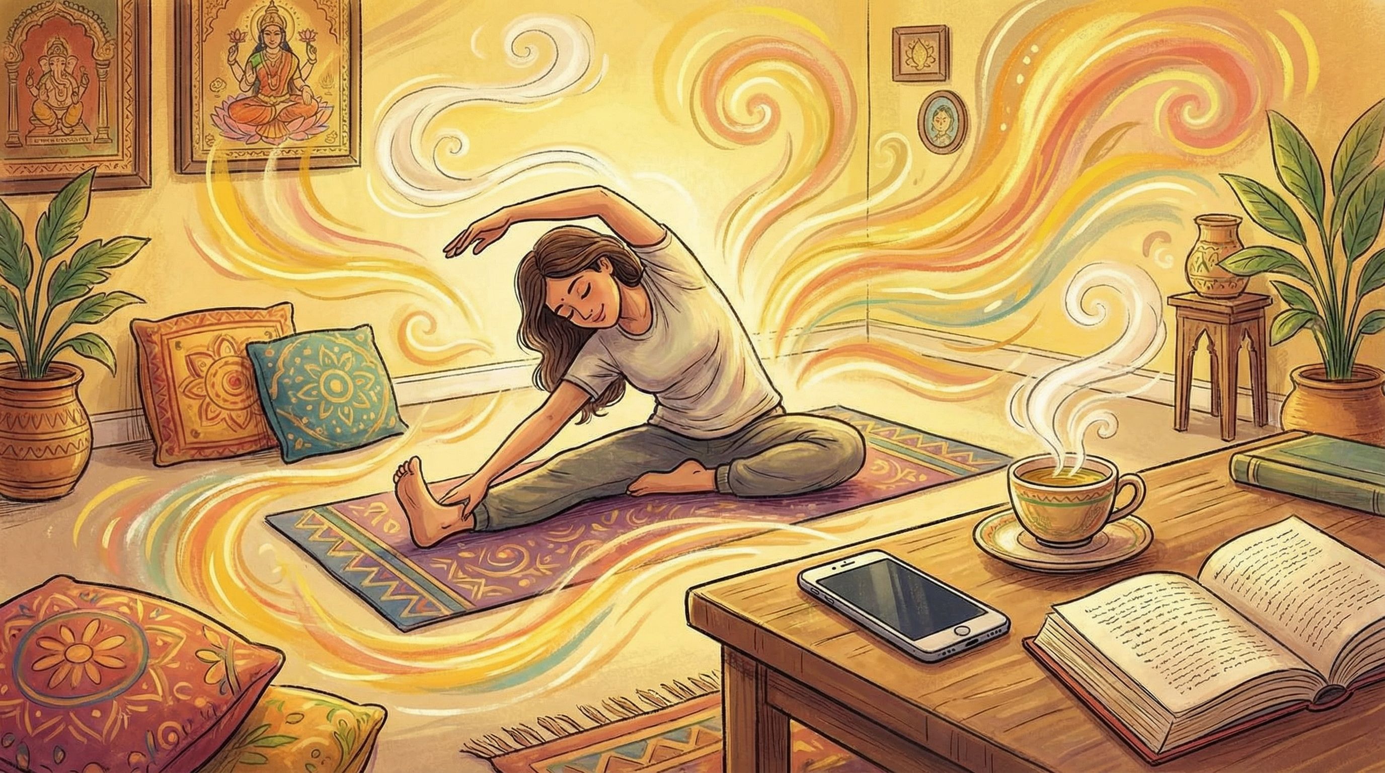 cozy Indian living room in warm yellow light, person sitting on yoga mat doing gentle stretching, ph
