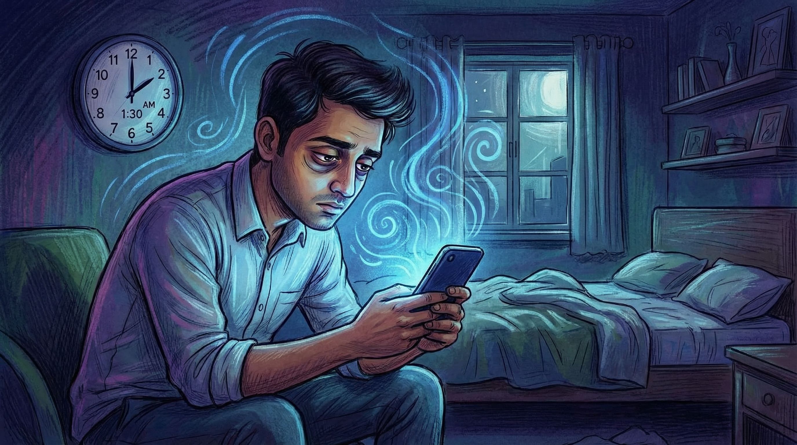 young Indian professional sitting in a dark bedroom at night, face lit only by smartphone screen, vi