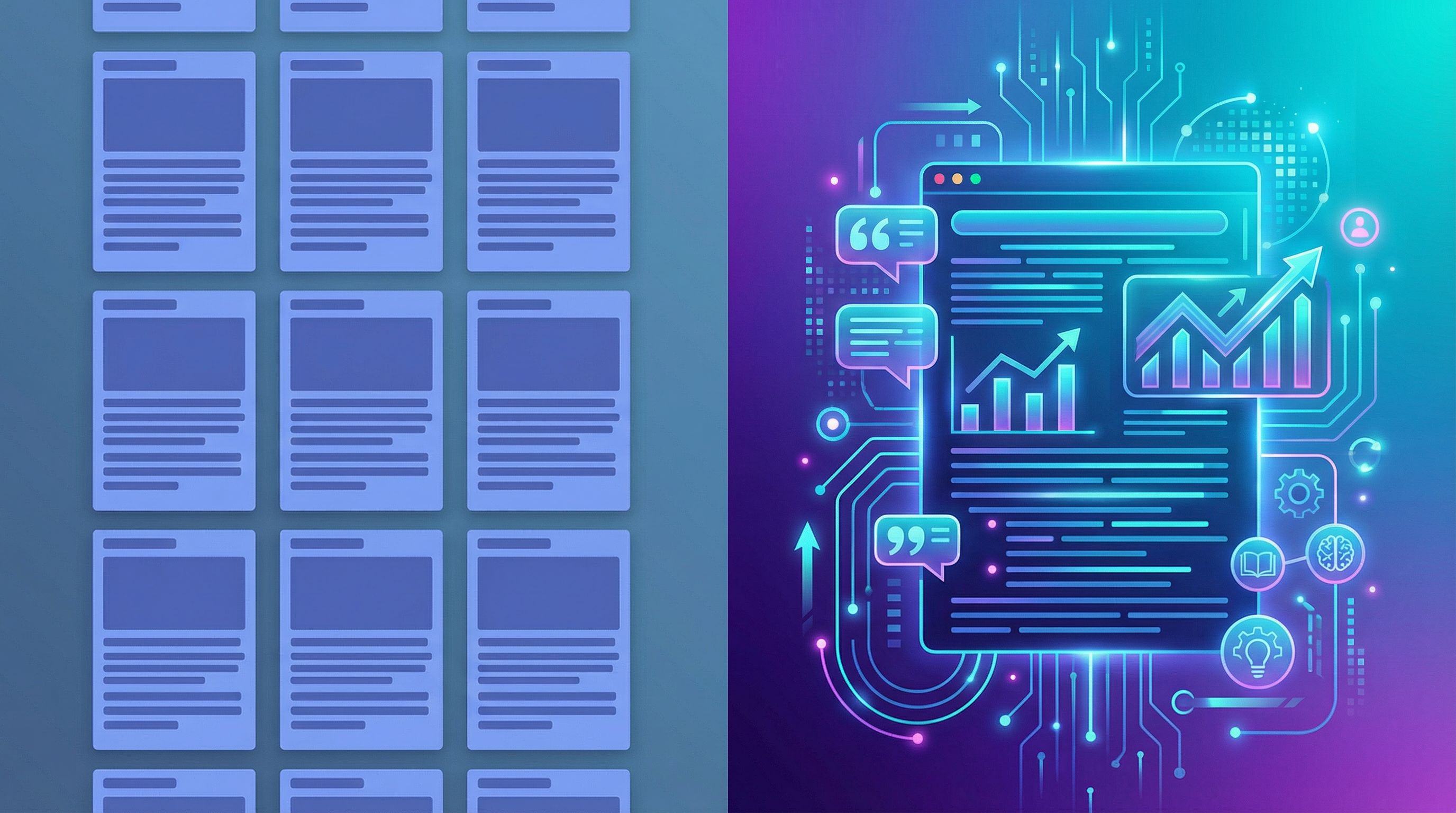 split-screen illustration showing on one side a bland wall of identical blog posts, and on the other
