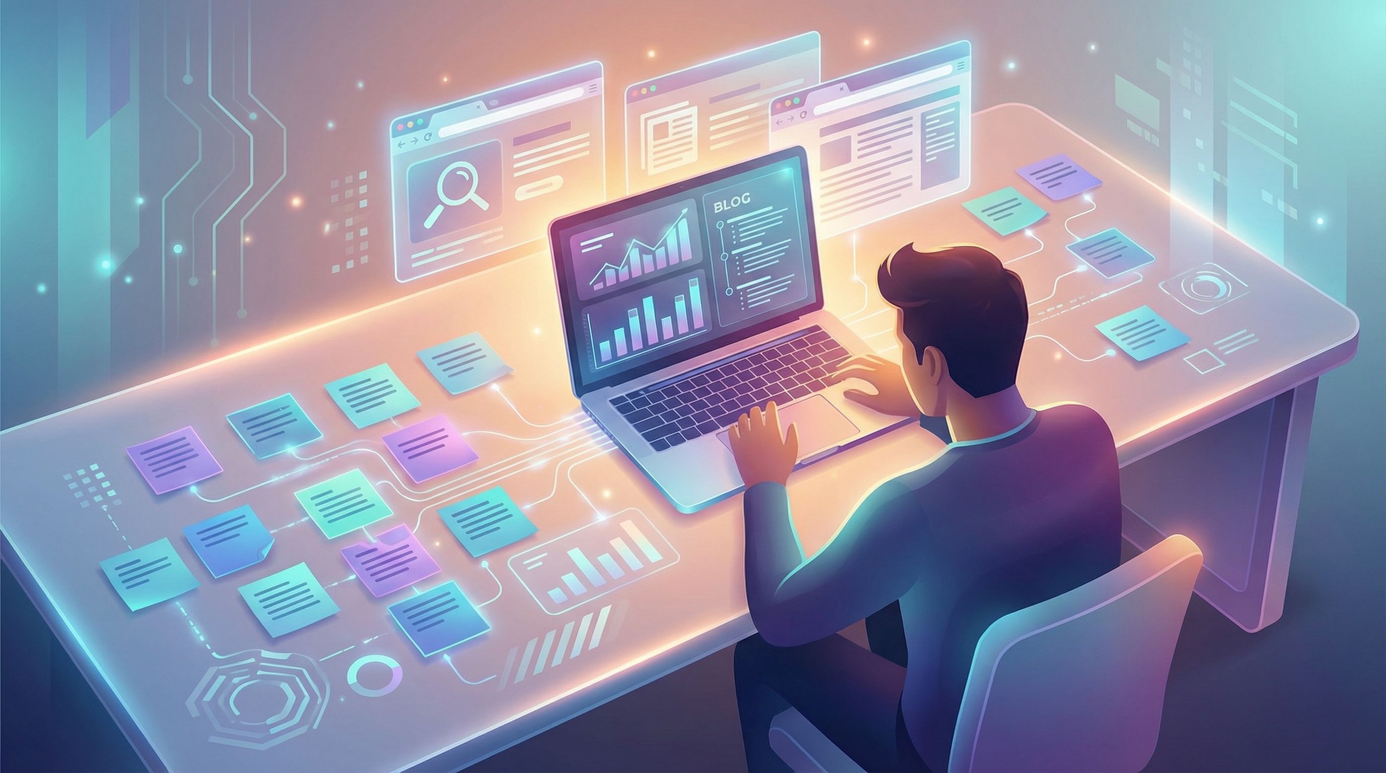 a content strategist at a desk covered with color-coded sticky notes, open laptop showing charts and