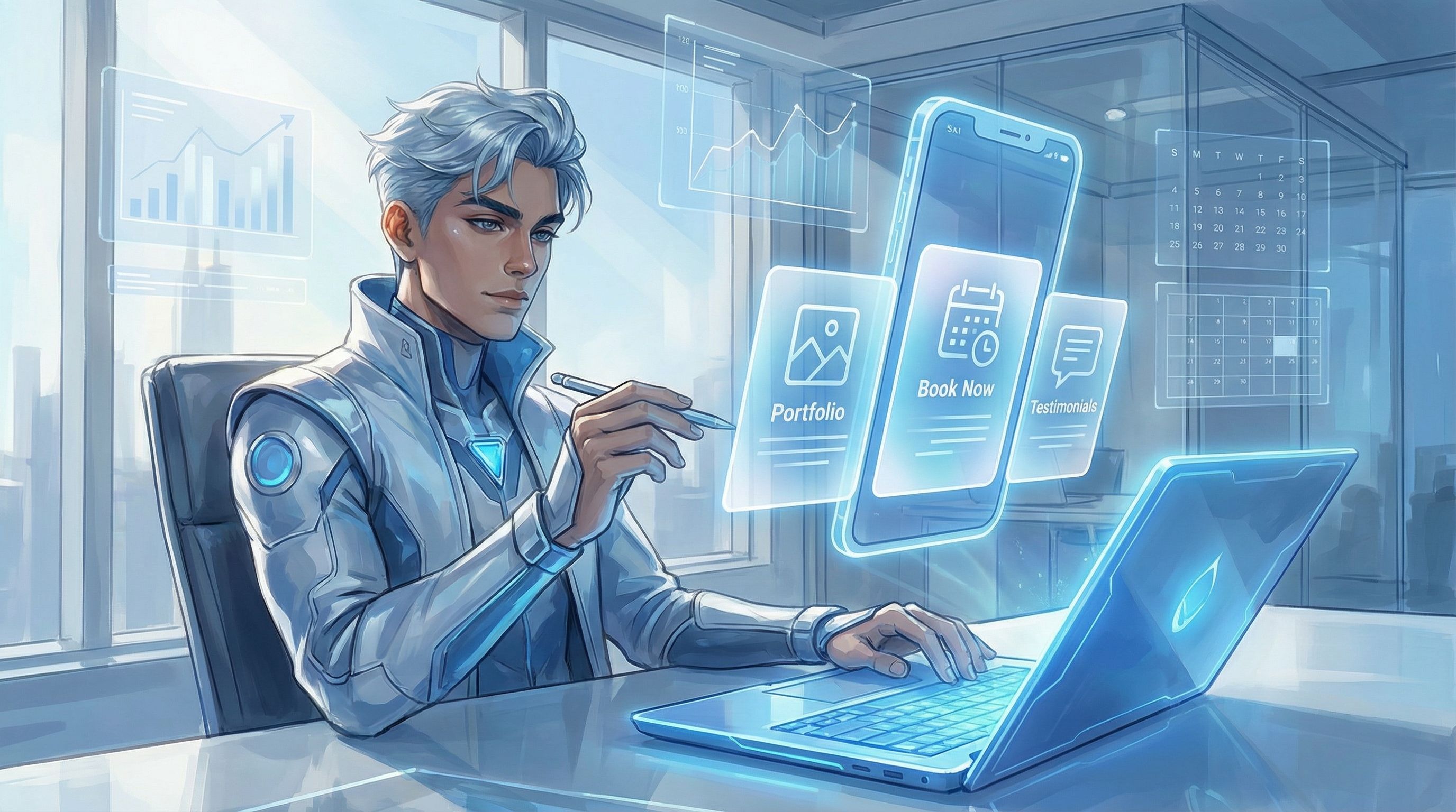 a stylish creator at a laptop arranging colorful digital cards labeled “Portfolio,” “Book Now,” and