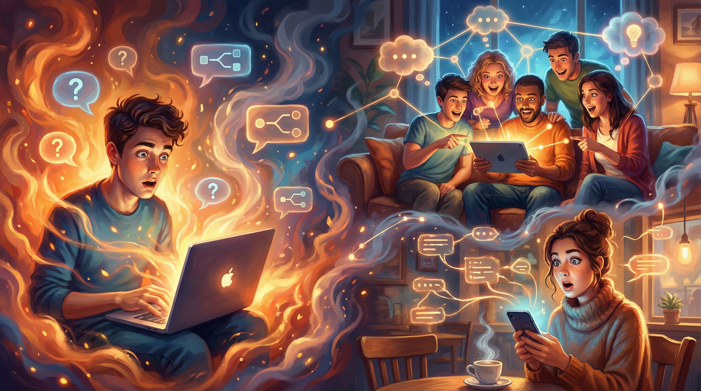 A split-screen composition showing multiple players on different devices reacting to the same intera