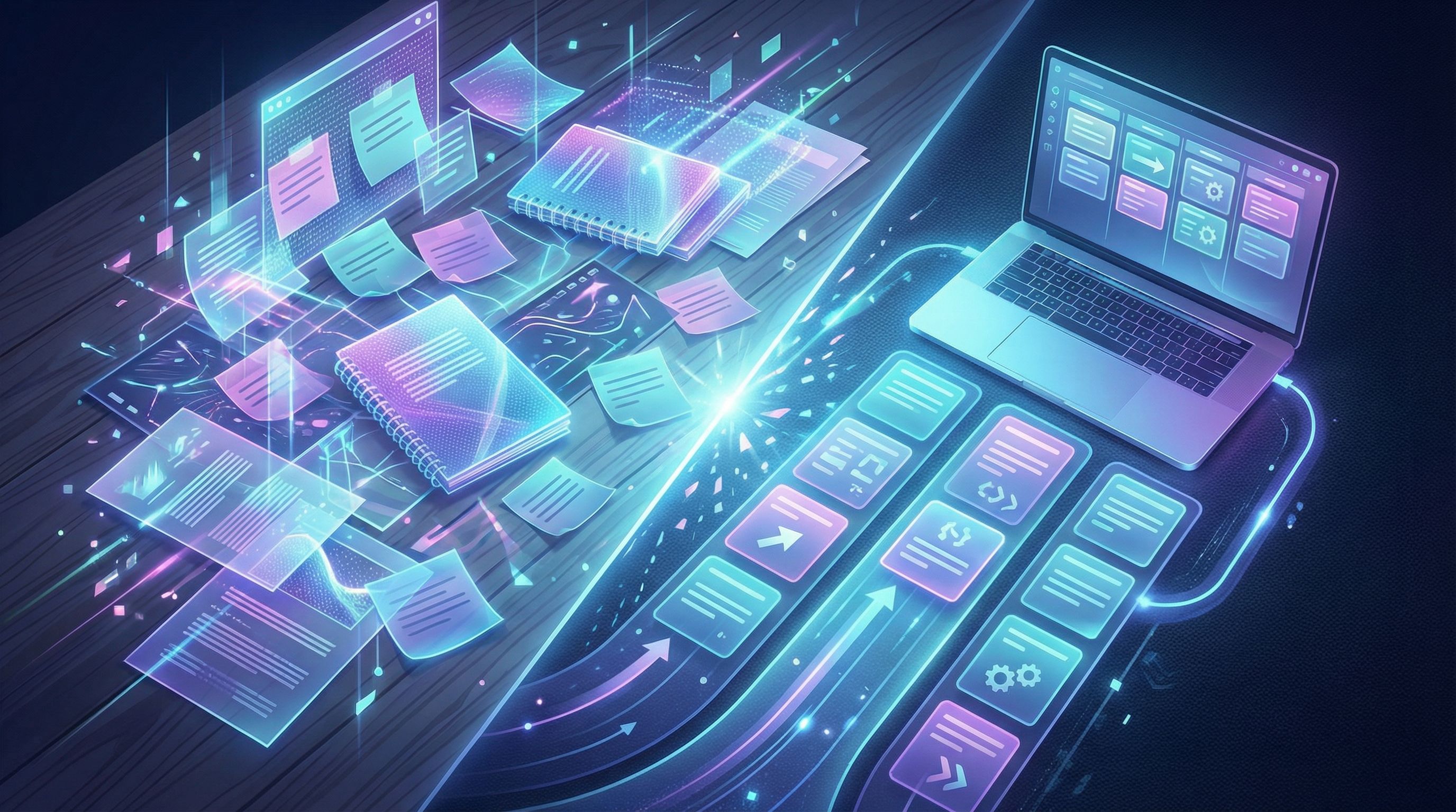 Overhead view of a cluttered desk covered in sticky notes, notebooks, and printed blog ideas transfo