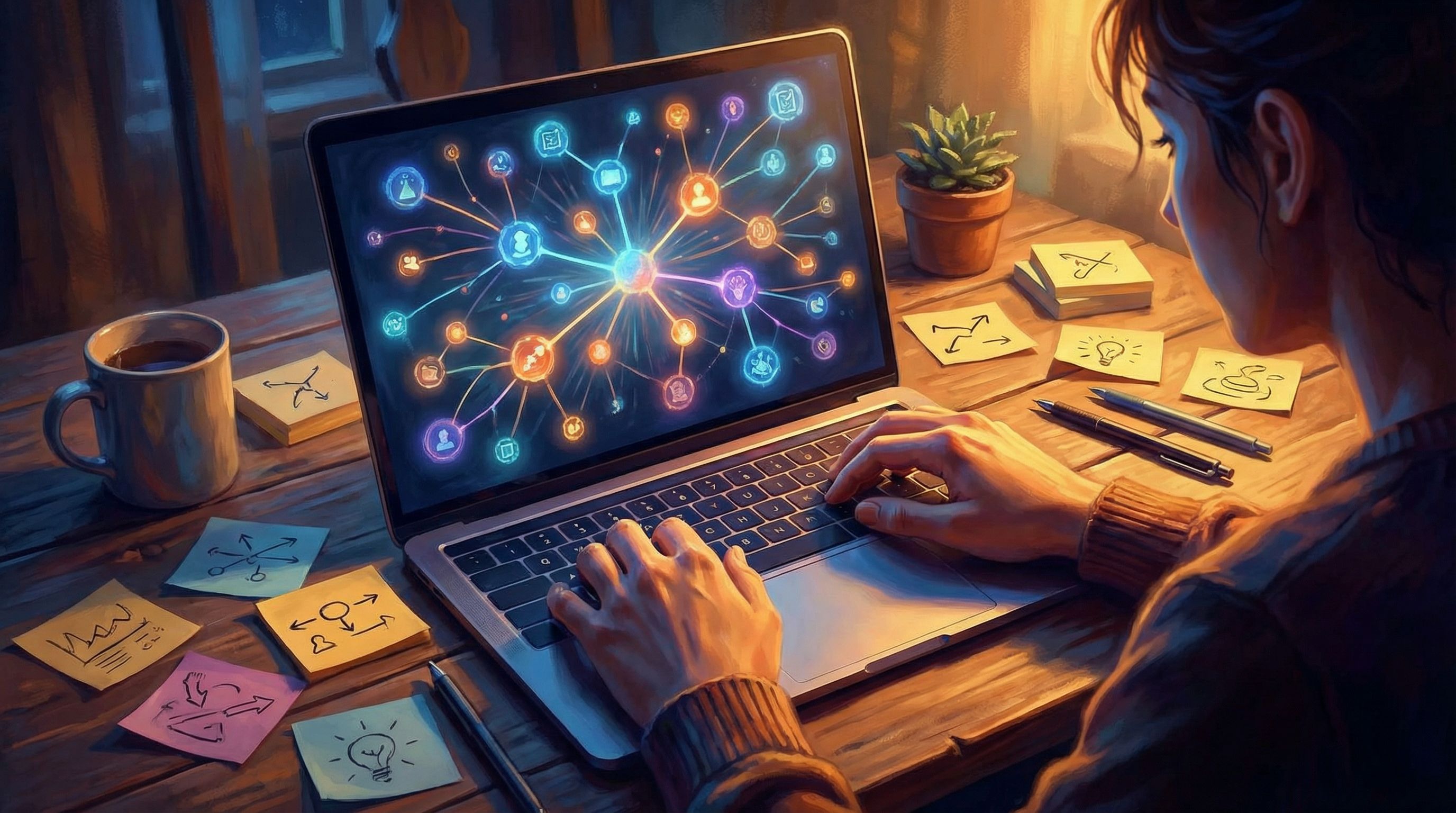 Over-the-shoulder view of a creator building a branching narrative map on a laptop, colorful nodes a