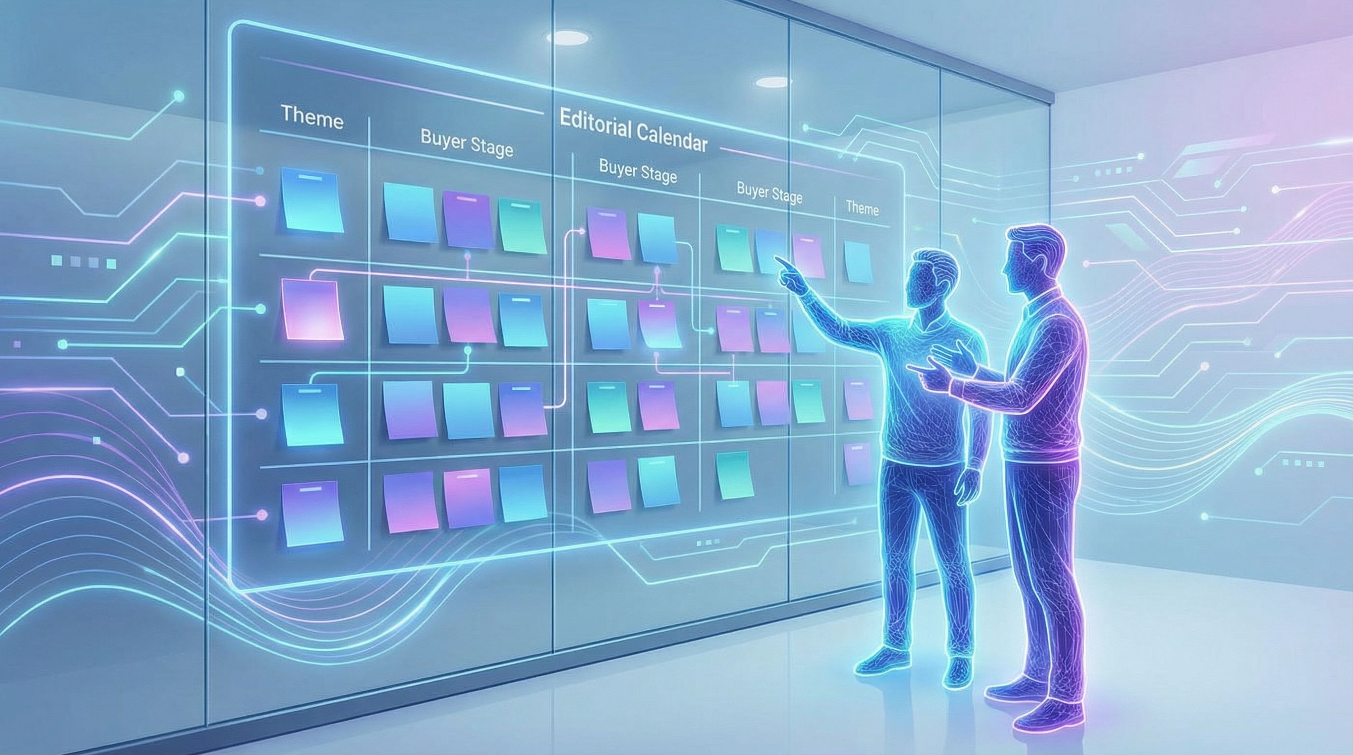 A clean whiteboard or glass wall with a structured editorial calendar laid out in colored sticky not