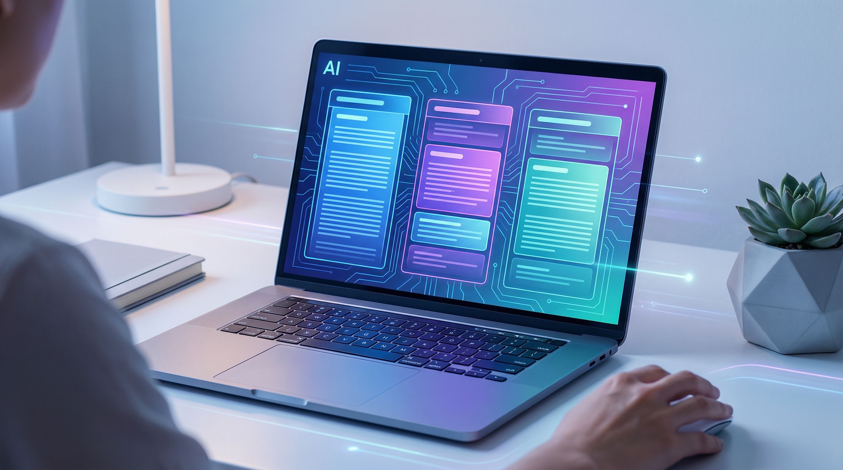 over-the-shoulder view of a laptop screen showing an AI tool breaking a long transcript into multipl
