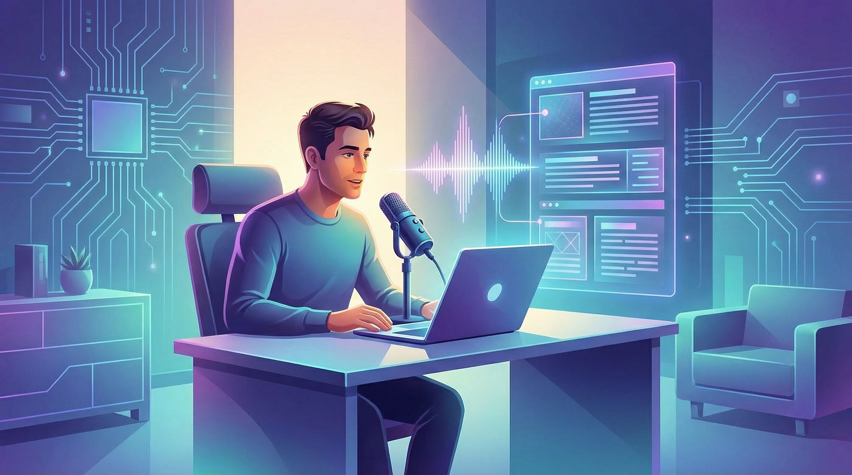 a founder sitting in a modern, minimalist office, speaking into a high-quality podcast microphone, w