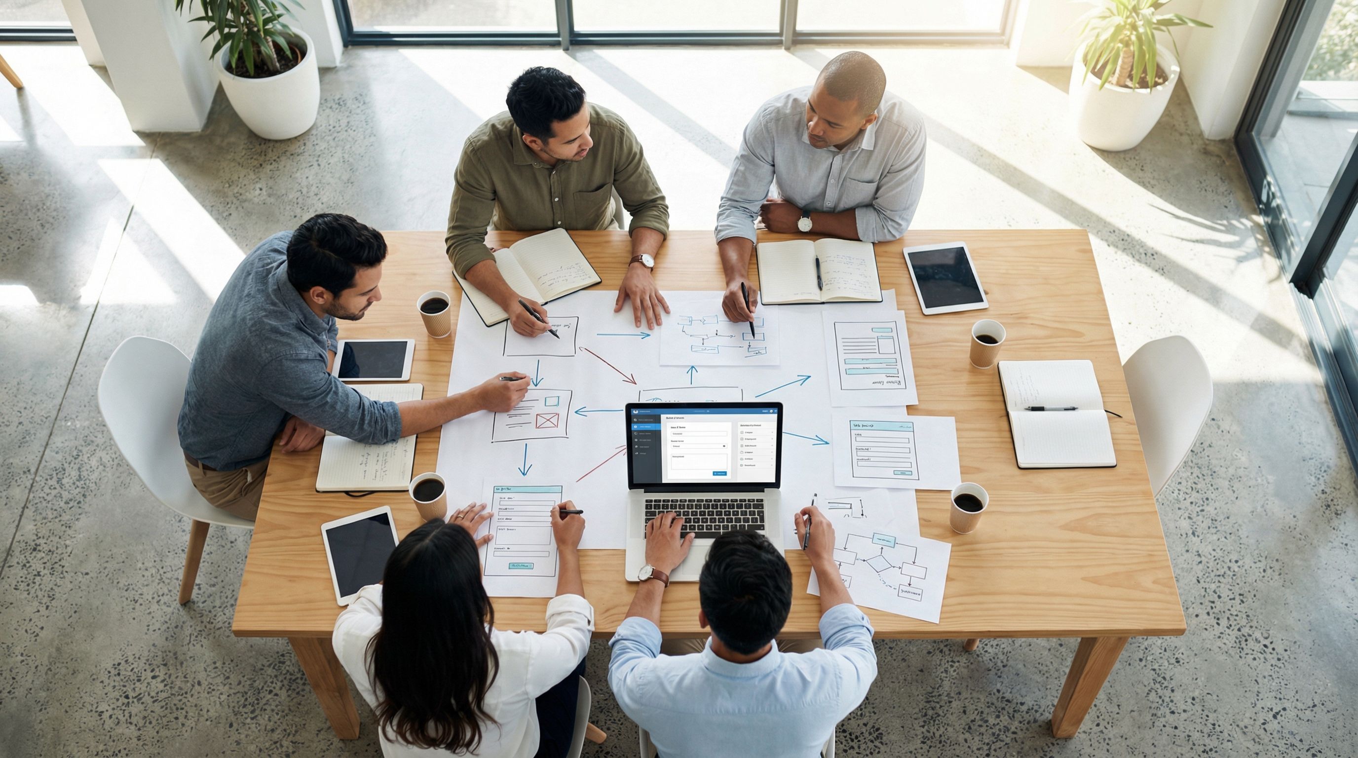 top-down view of a marketing and ops team collaborating around a large table covered with printed UR