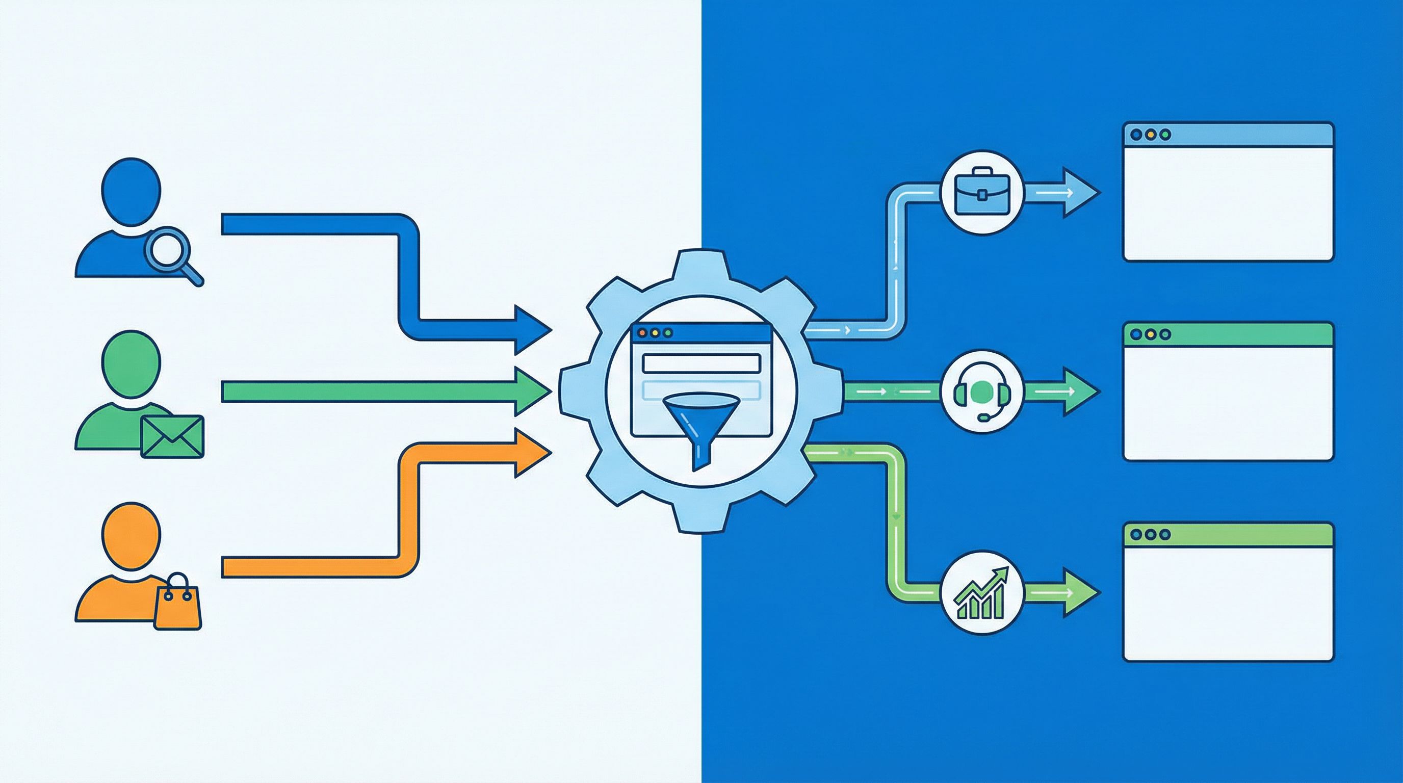 split-screen illustration showing three different users (search ad clicker, email subscriber, existi