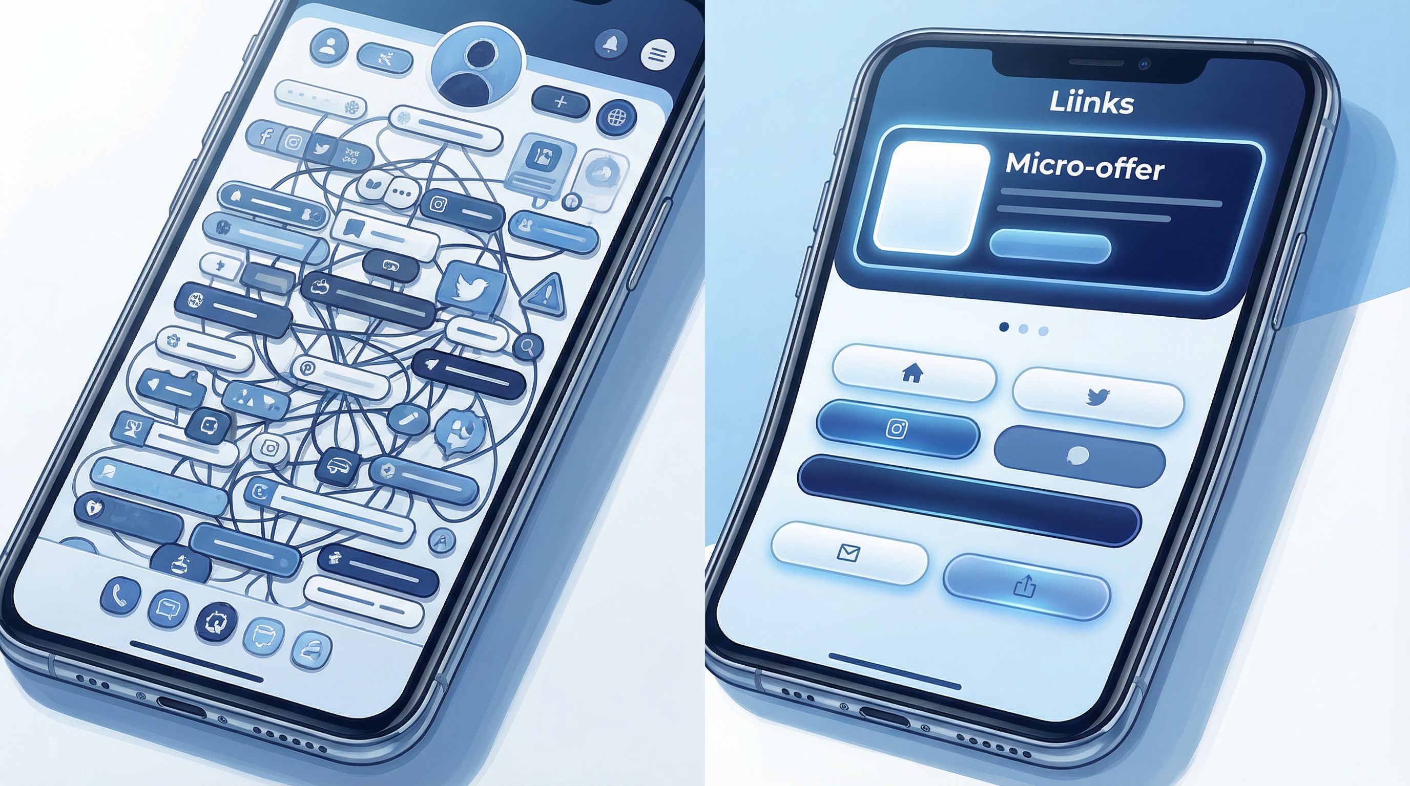 Split-screen image showing on the left a cluttered, messy link-in-bio page full of tiny buttons, and