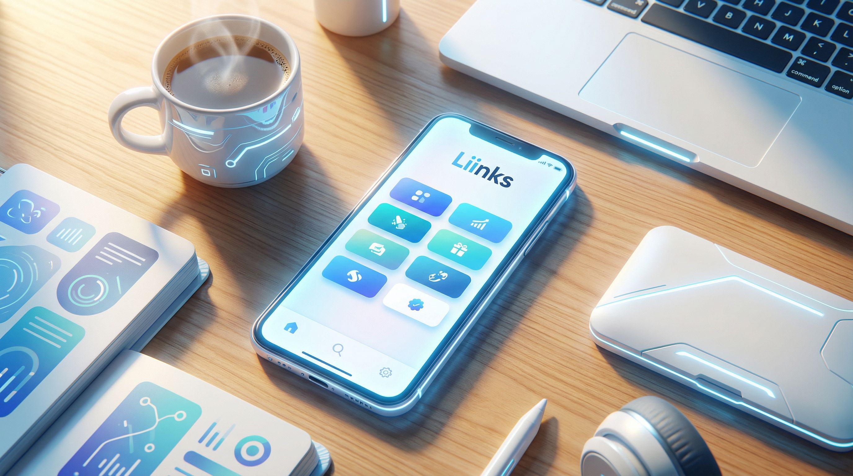 Overhead view of a creator’s smartphone showing a beautifully designed Liinks page with colorful but