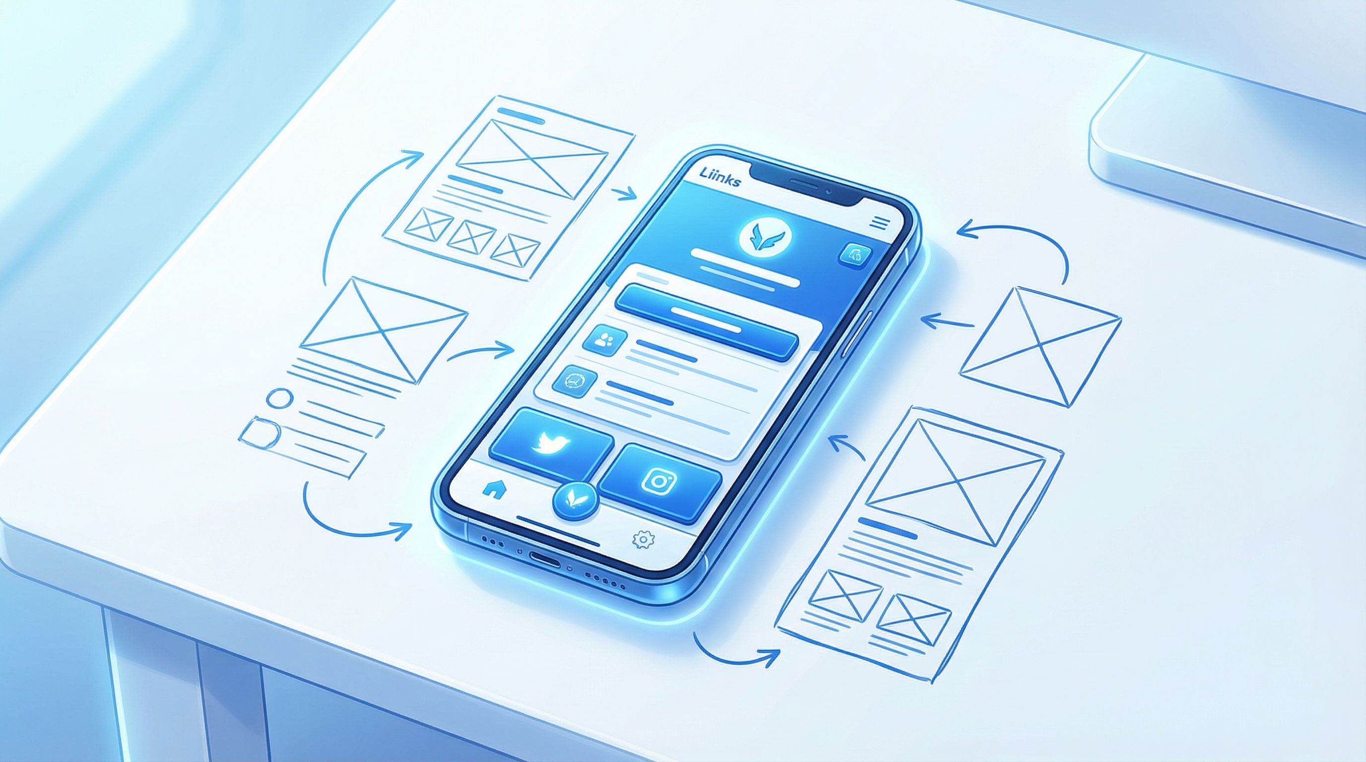 Vertical smartphone mockup displaying a polished Liinks page with clear sections and bold CTAs, surr