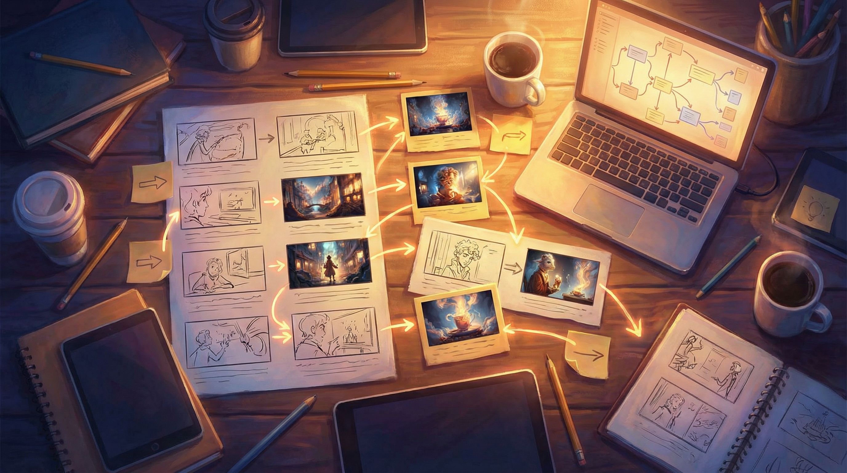 Overhead view of a creator’s desk covered in storyboard frames, AI-generated image thumbnails, stick