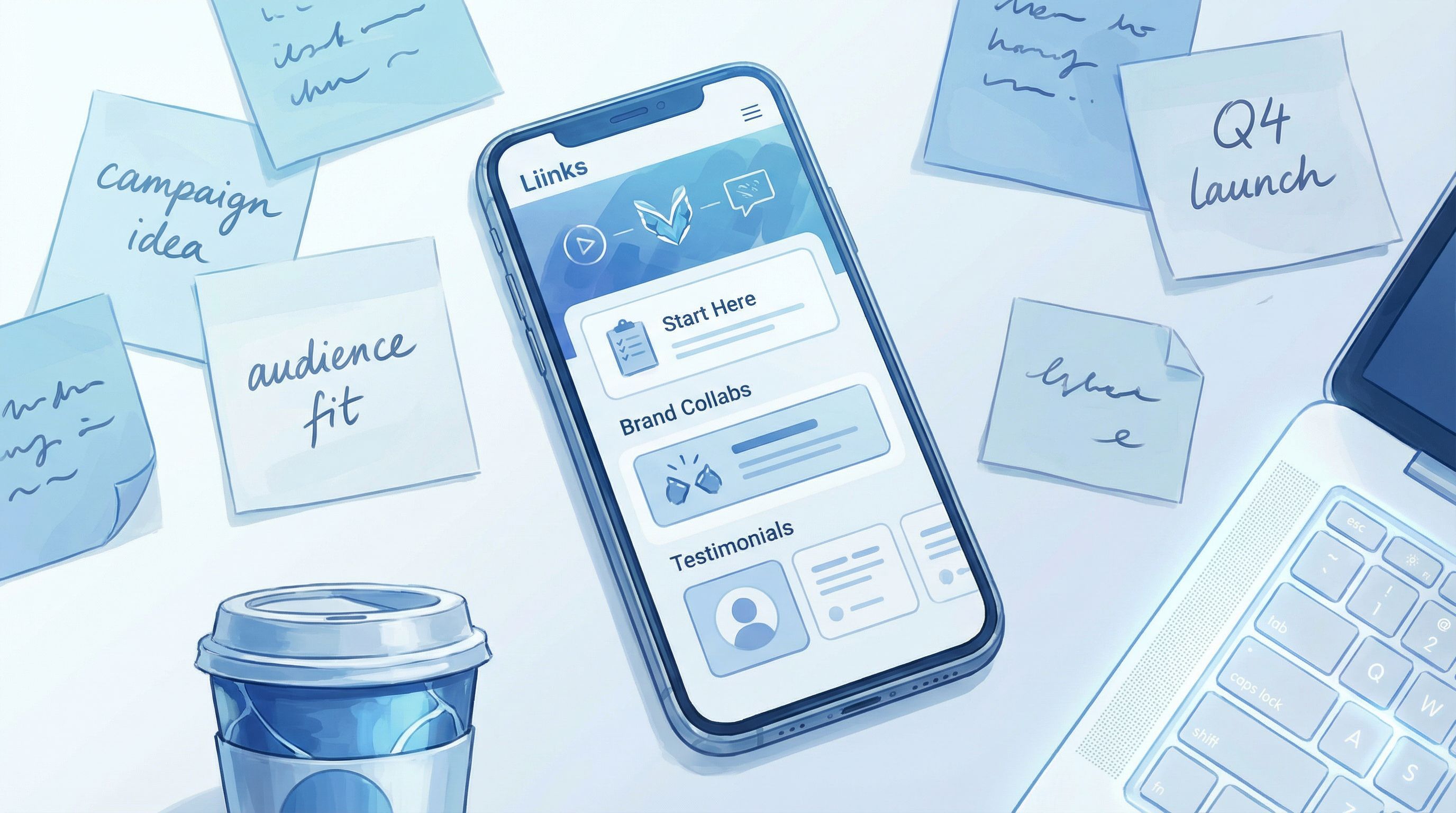 Collage-style image of a creator’s smartphone screen displaying a clean, well-designed Liinks page w