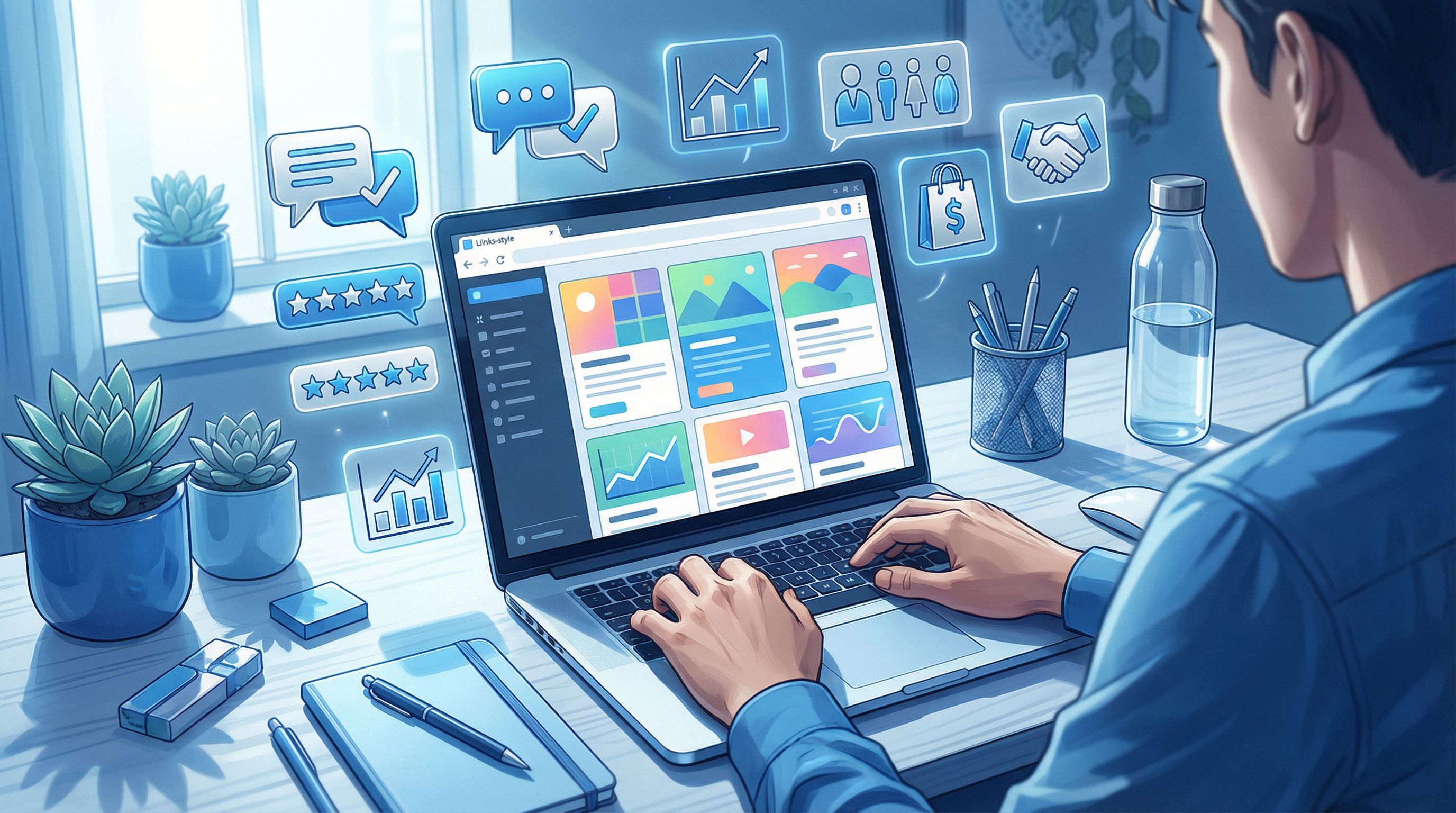 Over-the-shoulder view of a creator working at a laptop, arranging colorful content blocks on a Liin