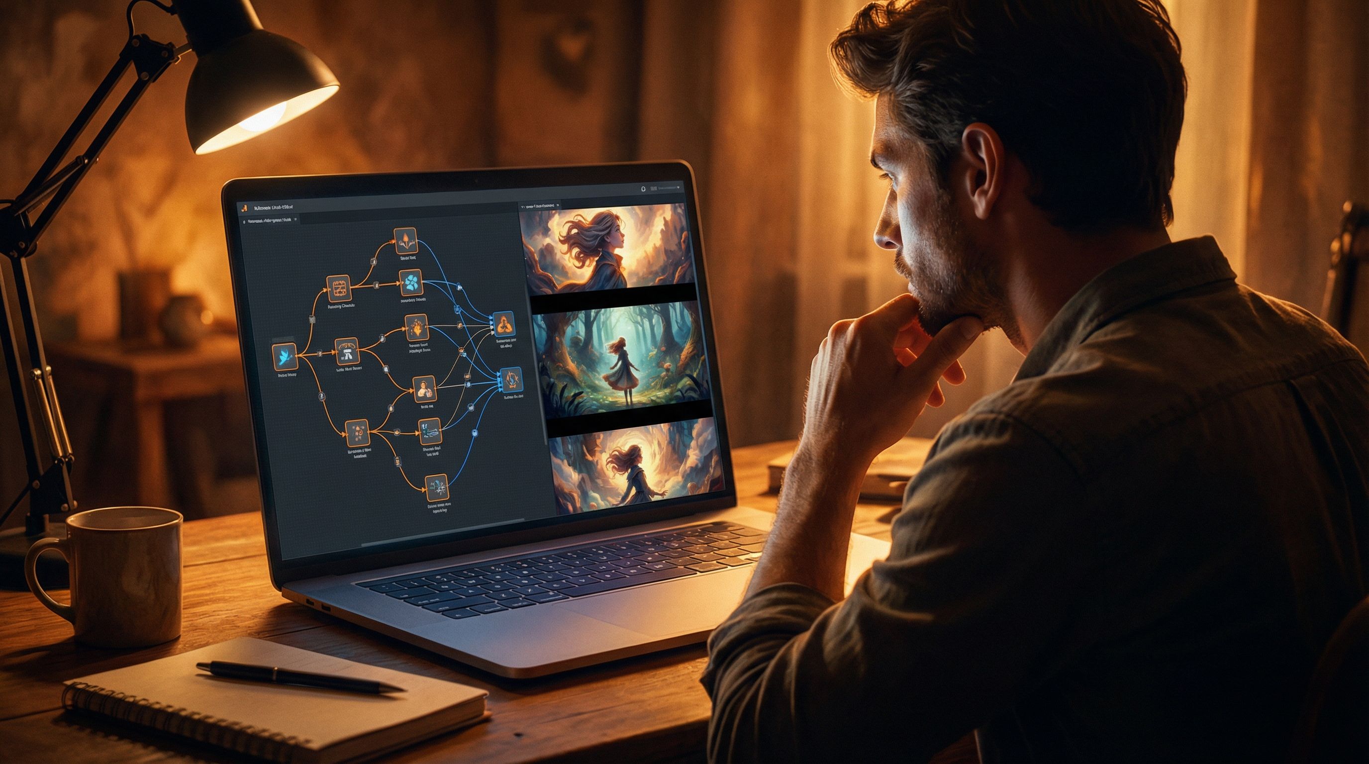 over-the-shoulder view of a creator playtesting an interactive story on a laptop, with a branching n
