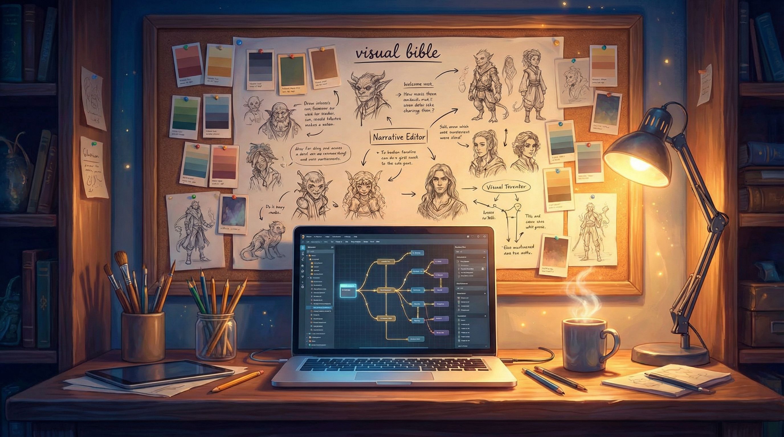 a single-page "visual bible" pinned above a creator’s desk, with color swatches, character sketches,