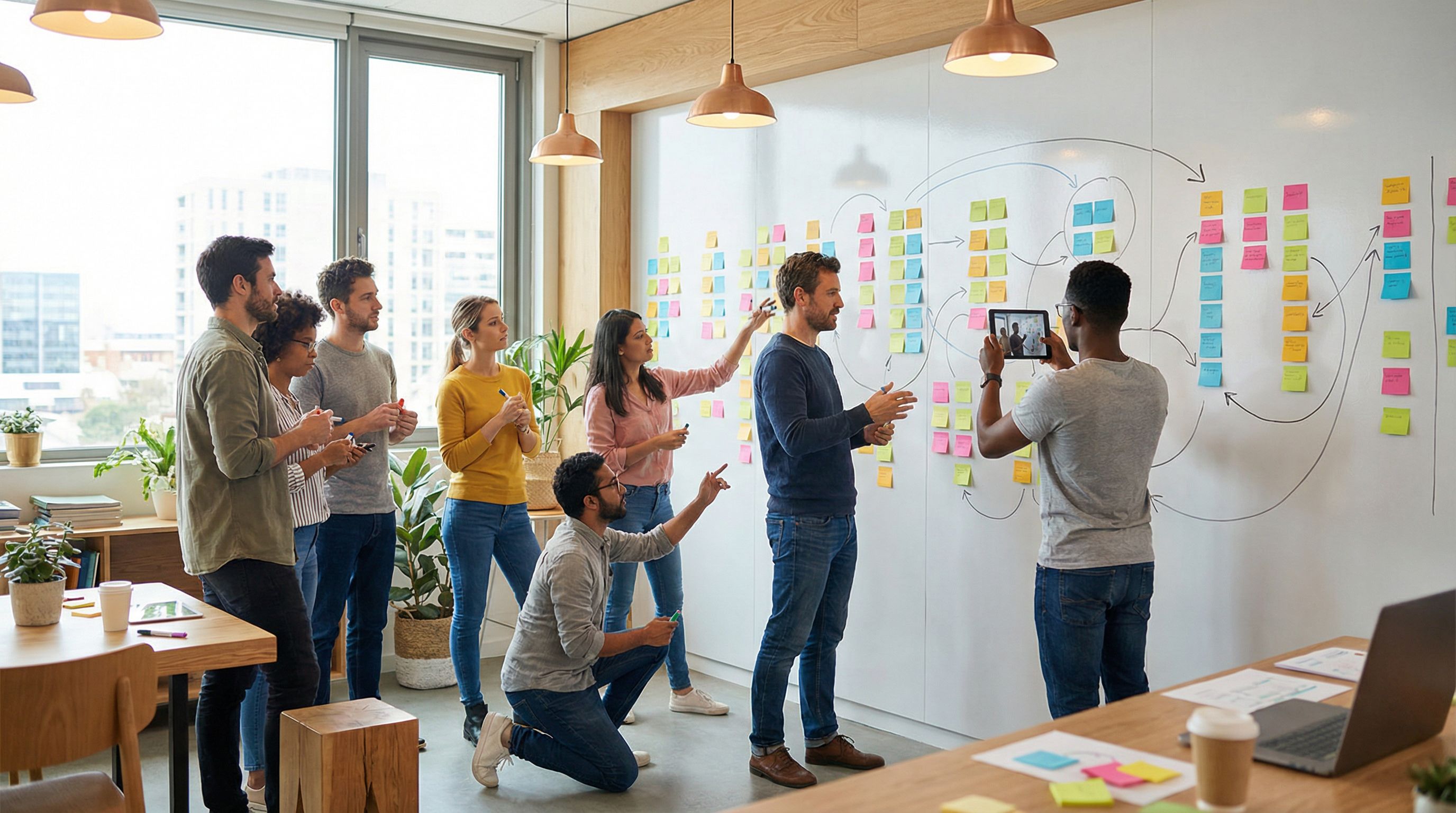 a wide UX workshop scene with a diverse product team gathered around a wall covered in sticky notes