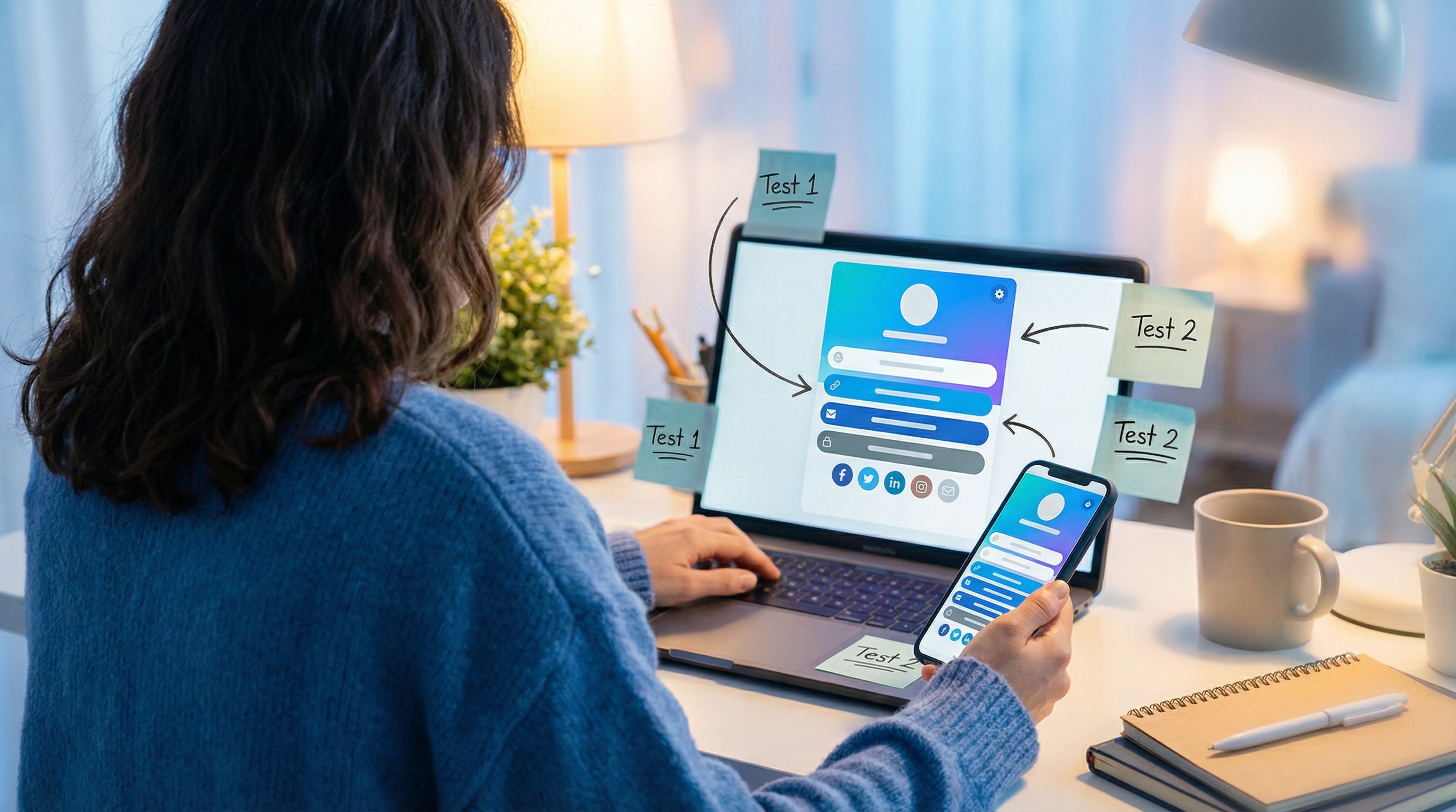 Over-the-shoulder view of a creator editing a colorful link-in-bio page on a laptop and phone, with