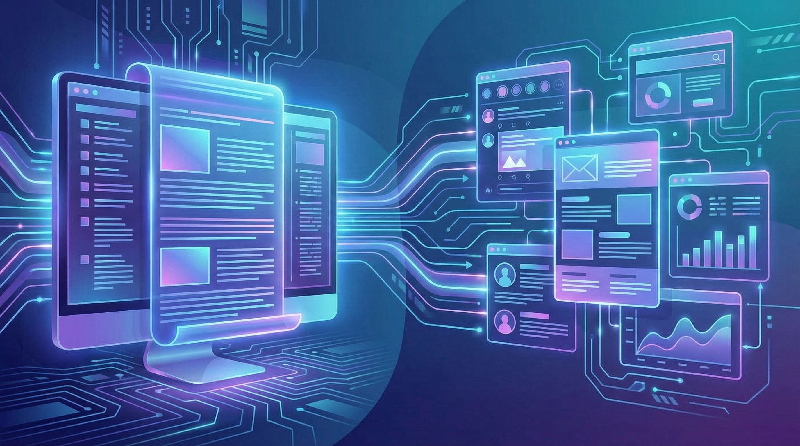 Split-screen illustration showing on the left a single long-form blog post on a computer screen, and