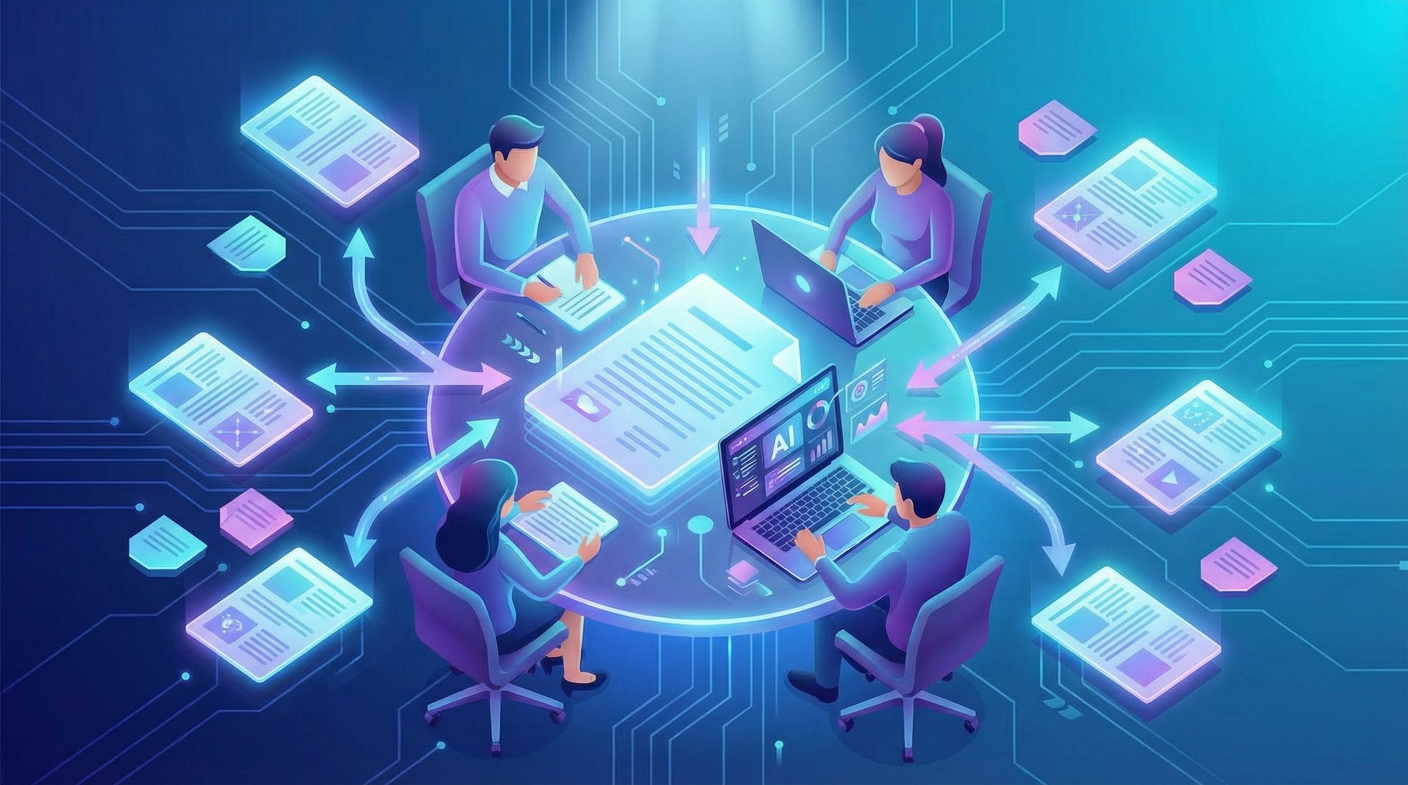 Overhead view of a small marketing team around a table covered with printed blog posts, sticky notes