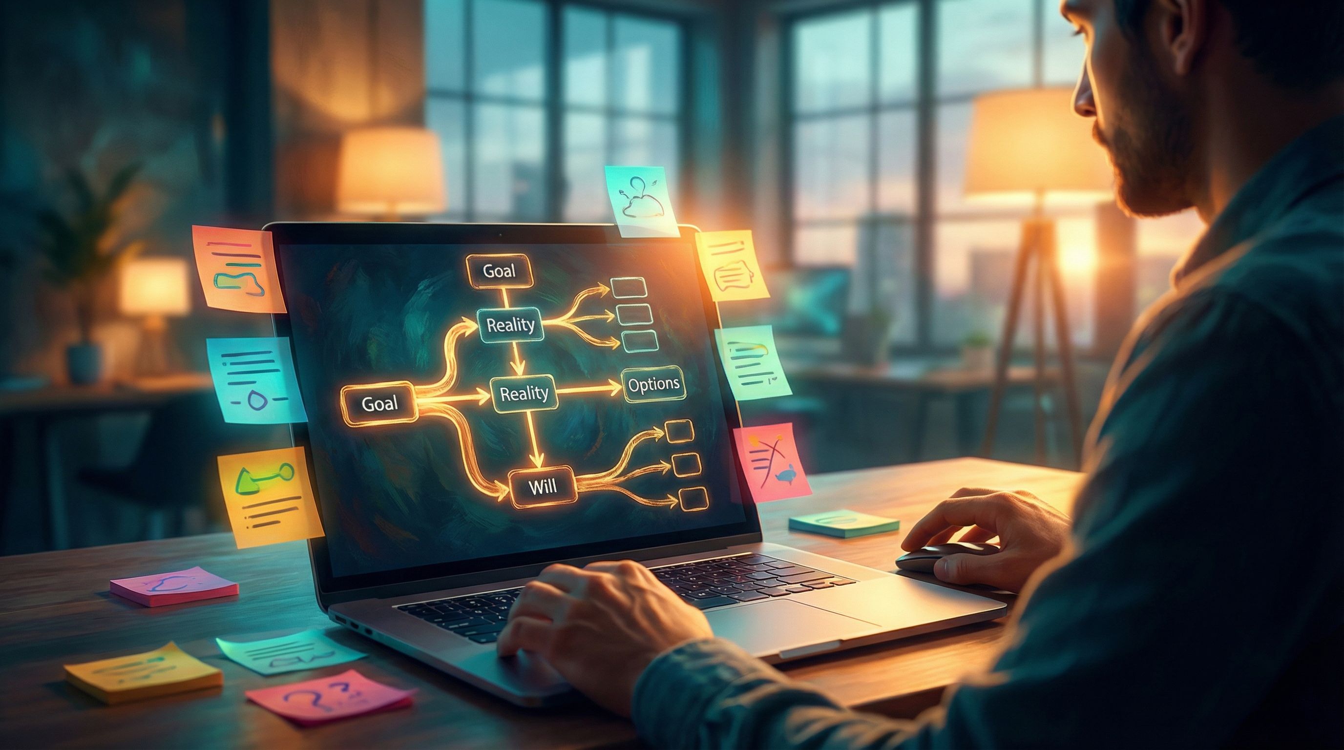 an over-the-shoulder view of a coach at a laptop building a branching flowchart on a bright visual e