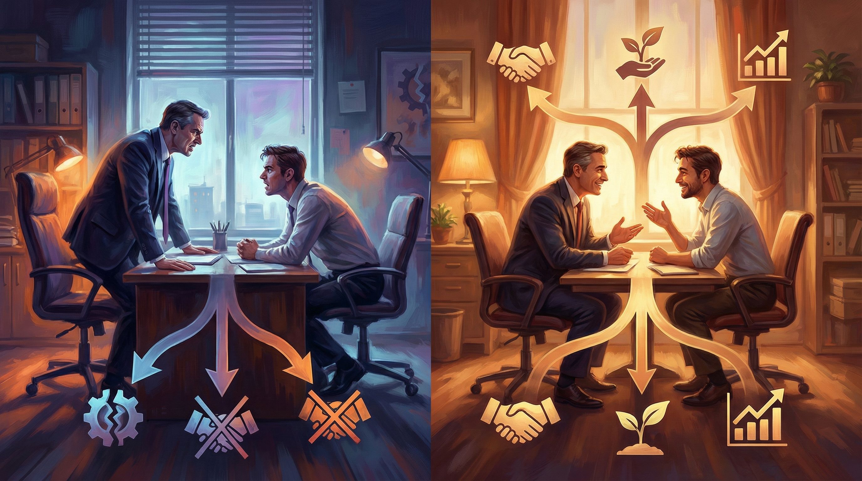 split-screen image showing two contrasting scenes from a coaching simulation, left side a tense offi