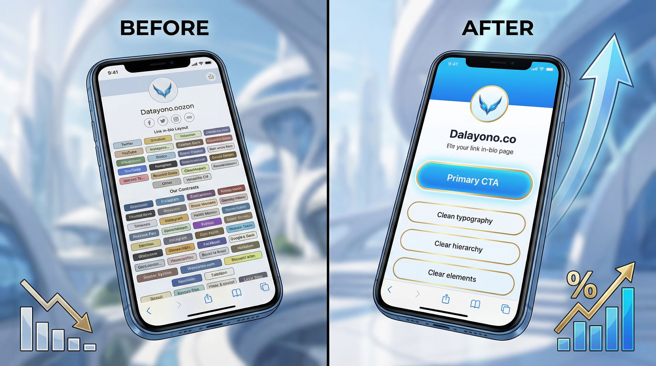 split-screen comparison of two link-in-bio pages on mobile phones, one cluttered and chaotic with ma