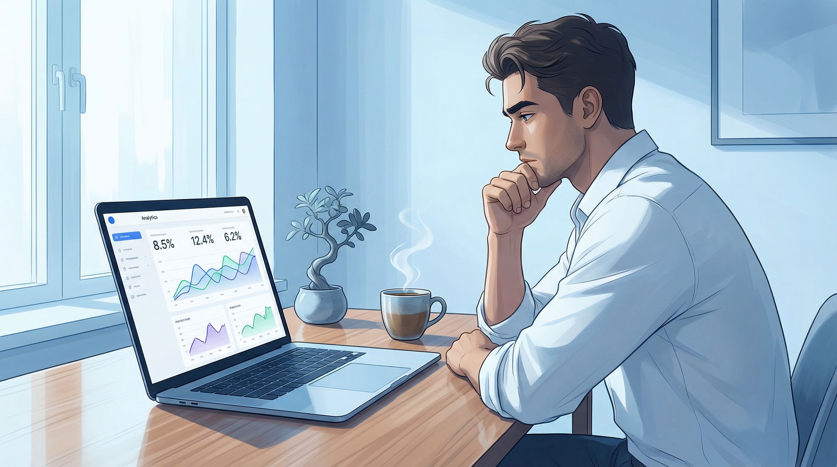 a minimalist analytics dashboard on a laptop showing colorful CTR graphs and click-through percentag