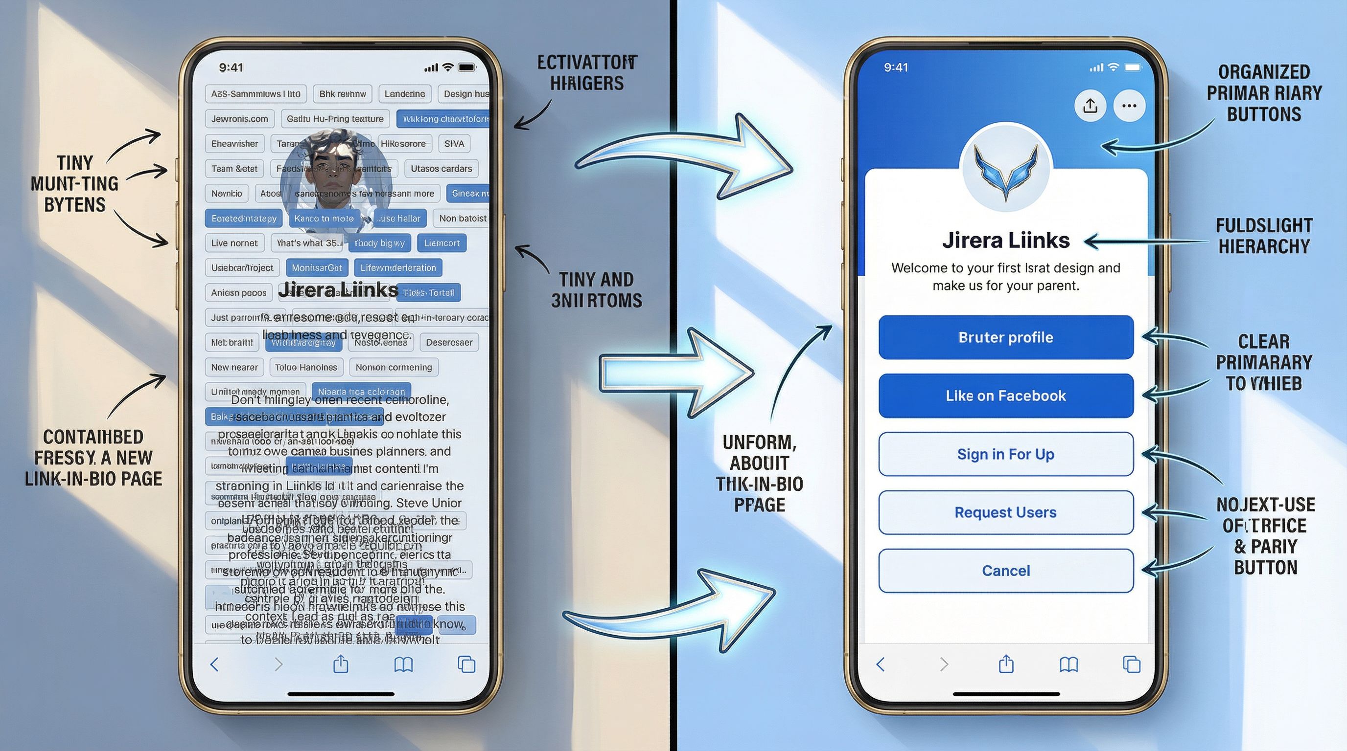 split-screen style image showing on the left a cluttered, messy link-in-bio page with too many tiny