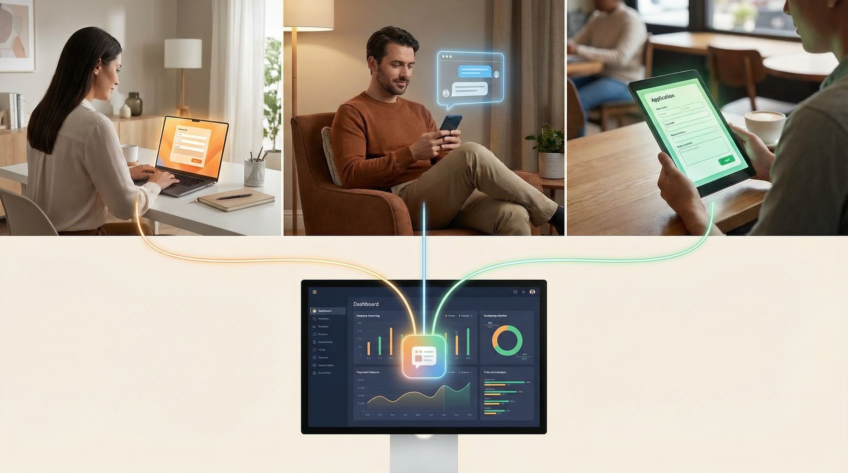 Split-screen scene showing three people in different contexts (a sales lead at a laptop, a customer