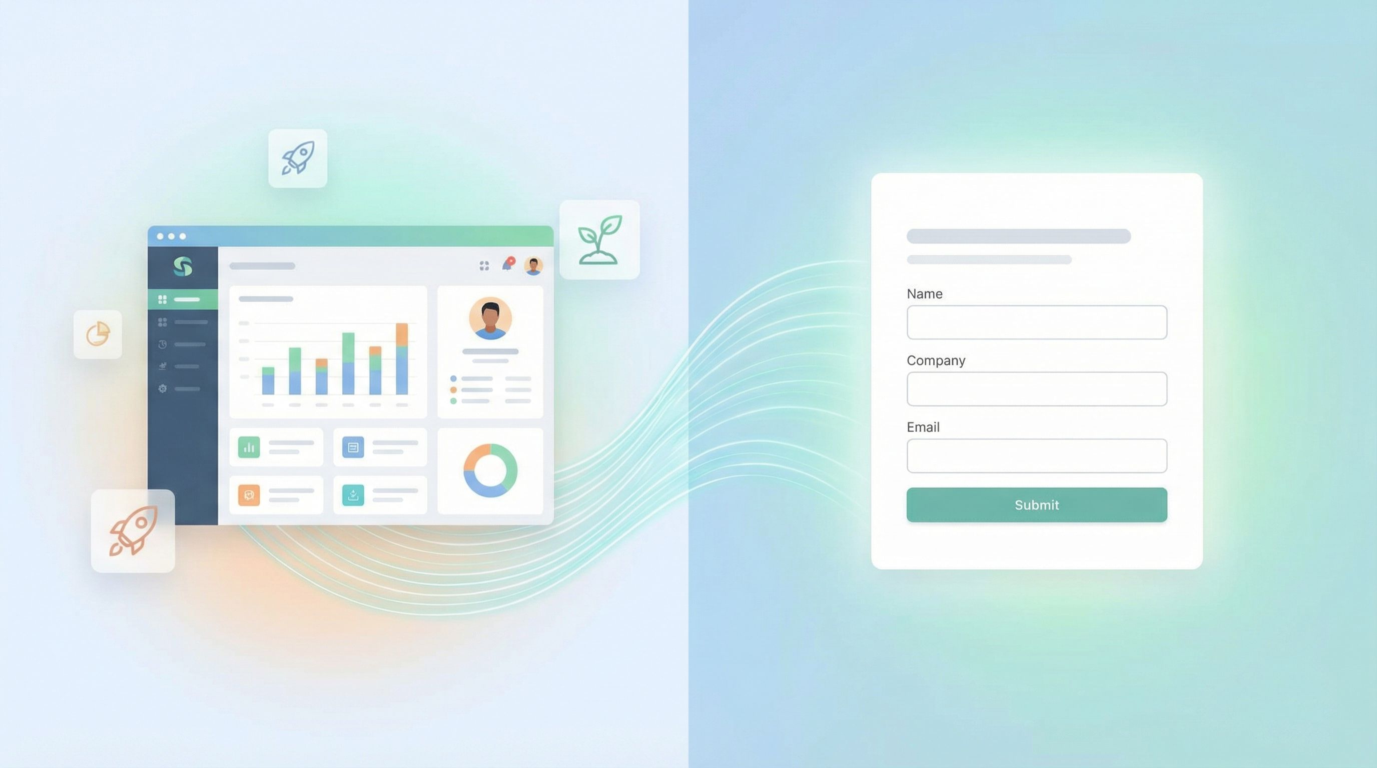 Split-screen illustration showing a SaaS product interface on the left and a clean, minimal intake f