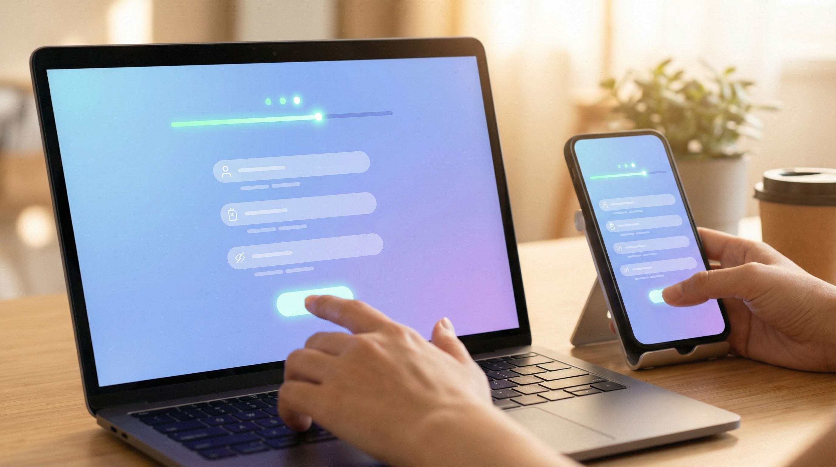 A zoomed-in view of a modern SaaS signup/upgrade flow on a laptop and mobile phone side by side, hig