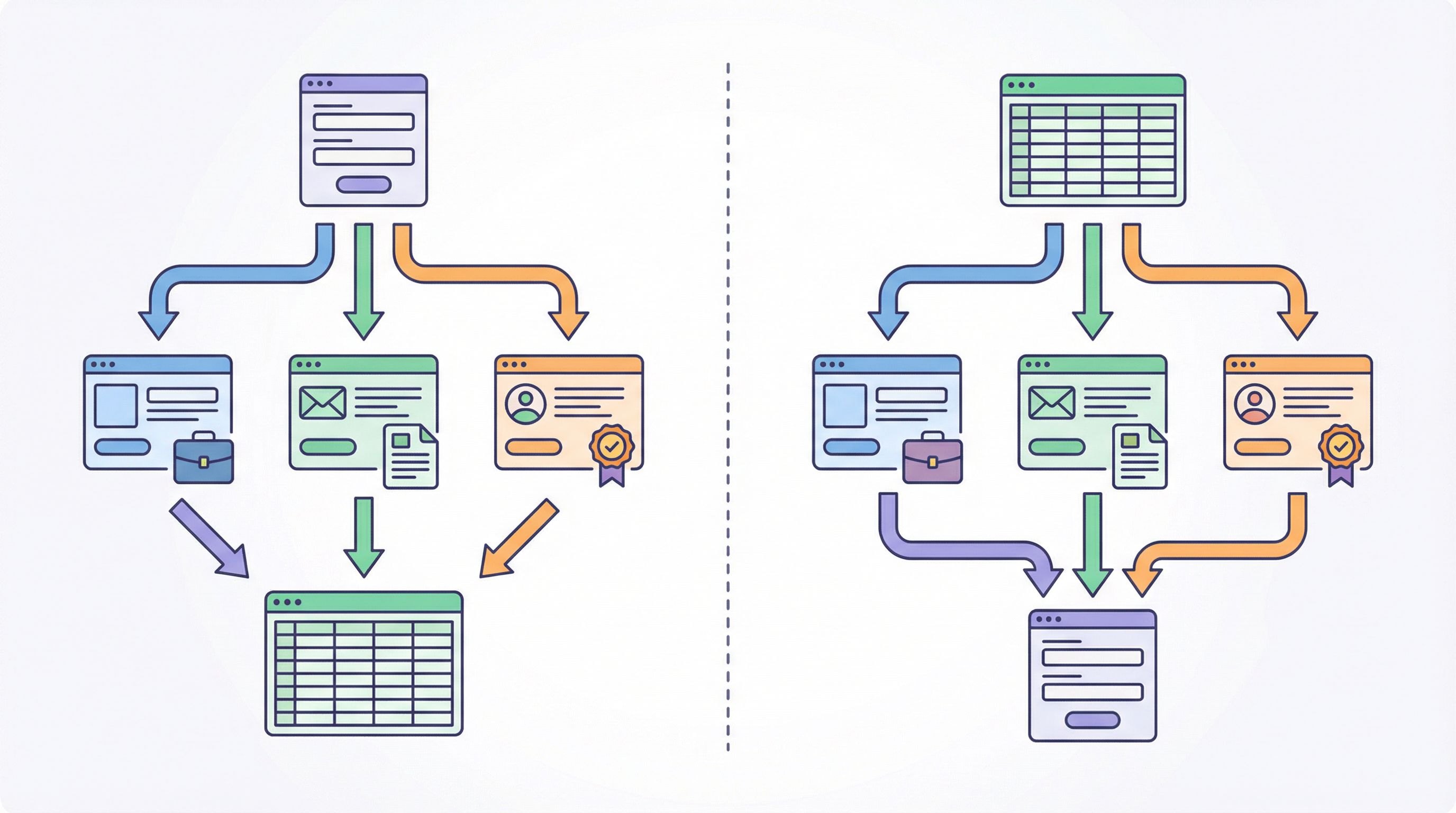a split-screen diagram showing a single central form branching into three different personalized vie