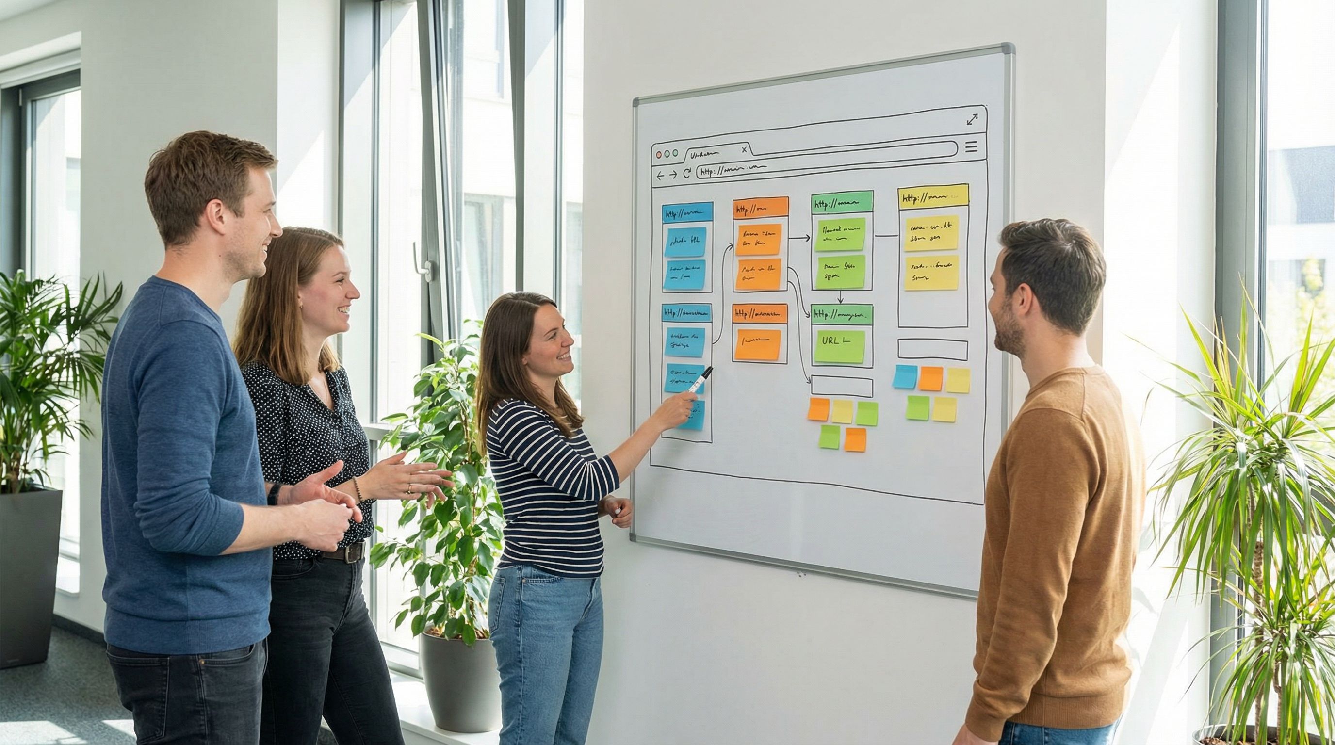 a clean browser window showing multiple human-readable form URLs organized on a whiteboard, with col